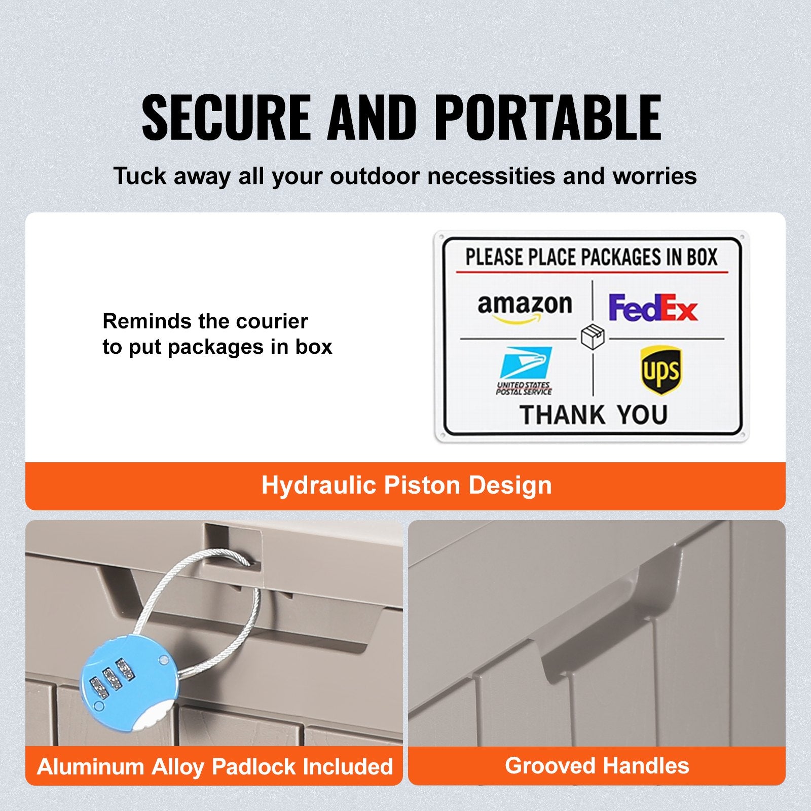 VEVOR Deck Box, 31 Gallon Outdoor Storage Box, 22.1" x 17.1" x 20.9" , Waterproof PP Deckbox with Aluminum Alloy Padlock, for Patio Furniture, Pool Toys, Garden Tools, Outdoor Cushions, Gray