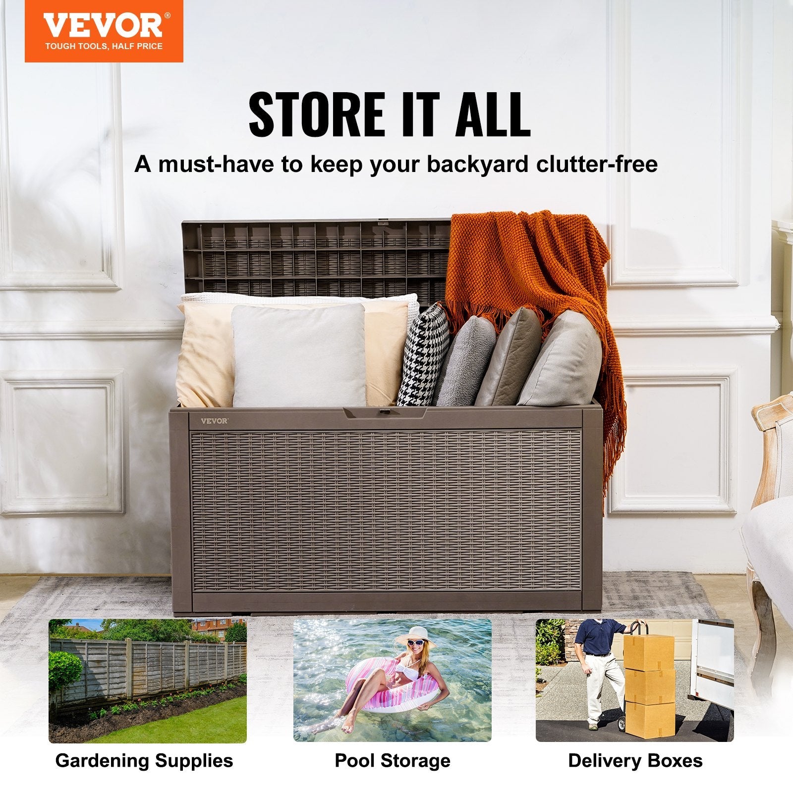 VEVOR Deck Box, 100 Gallon Outdoor Storage Box, 48.0" x 21.5" x 24.5", Waterproof PP Deckbox