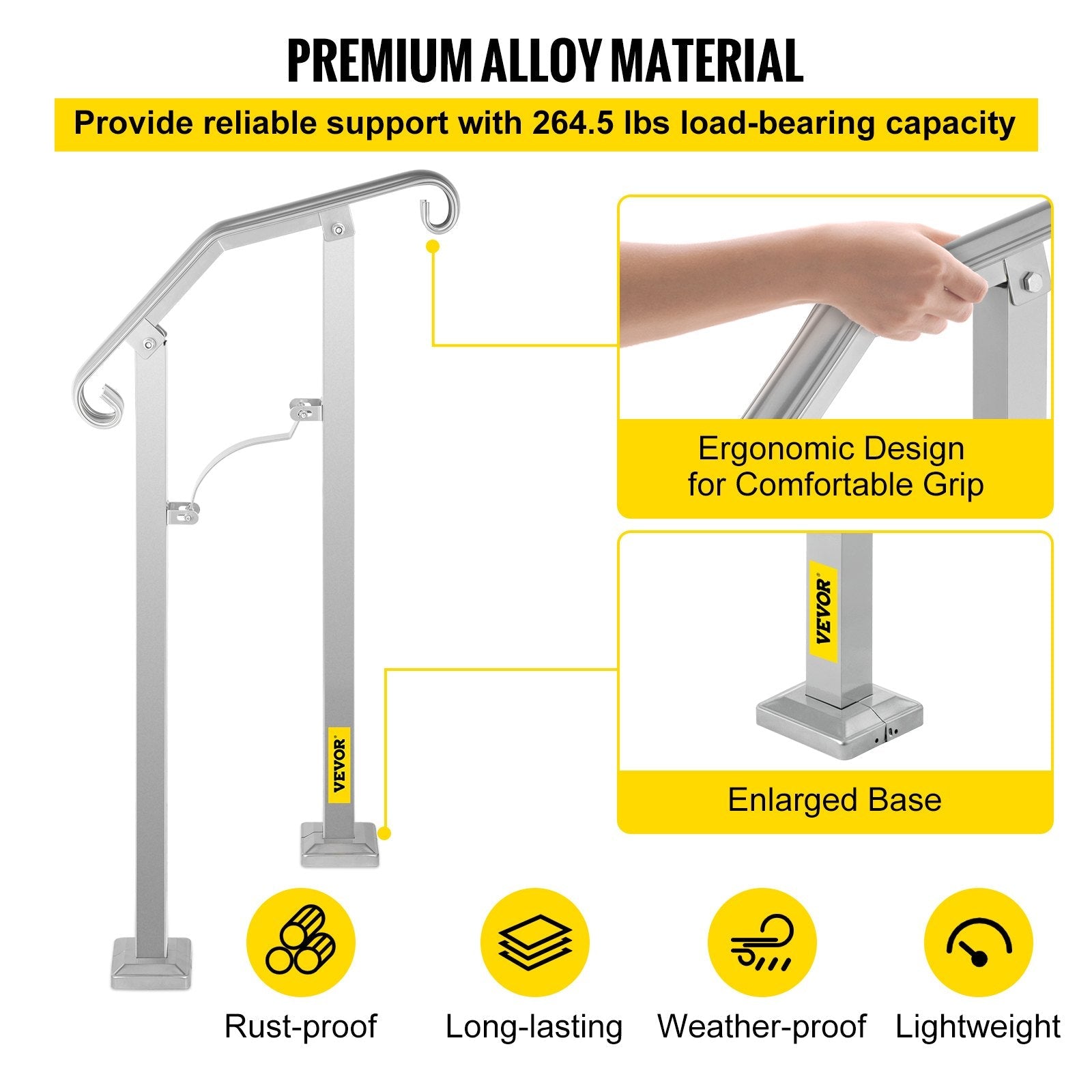 VEVOR Outdoor Stair Railing, Fit 1 or 2 Steps Alloy Metal Handrailing, Front Porch Flexible Transitional Handrail, Arch Step Rail With Installation Kit, for Concrete or Wooden Stairs, Silver