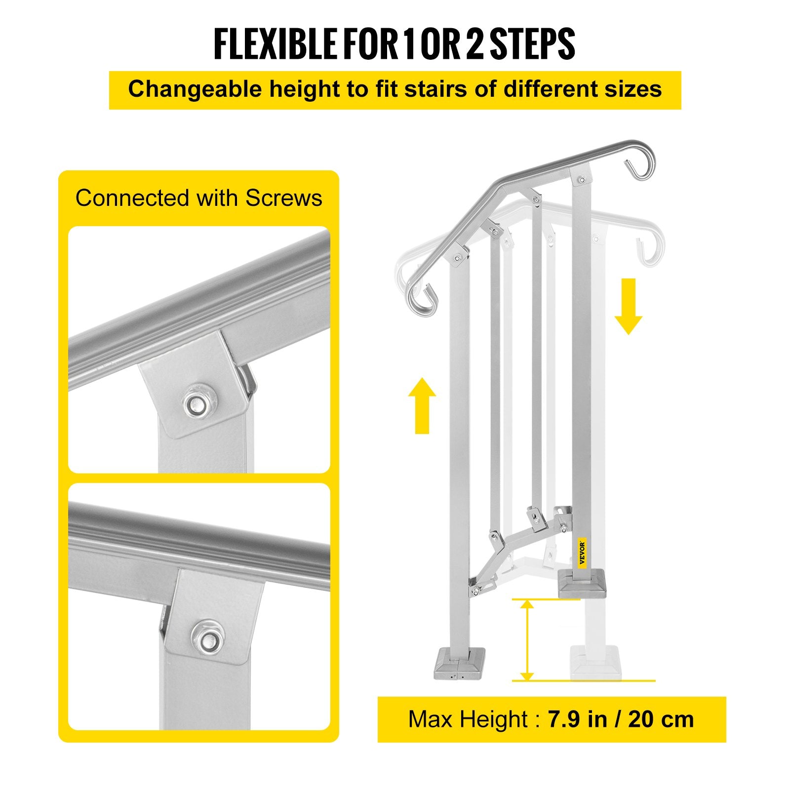 VEVOR Outdoor Stair Railing, Alloy Metal Hand Railing, Fit 1 or 2 Steps Flexible Transitional Handrail, Black Outdoor Stair Rail W/ Installation Kit, Step Handrail for Concrete or Wooden Stairs