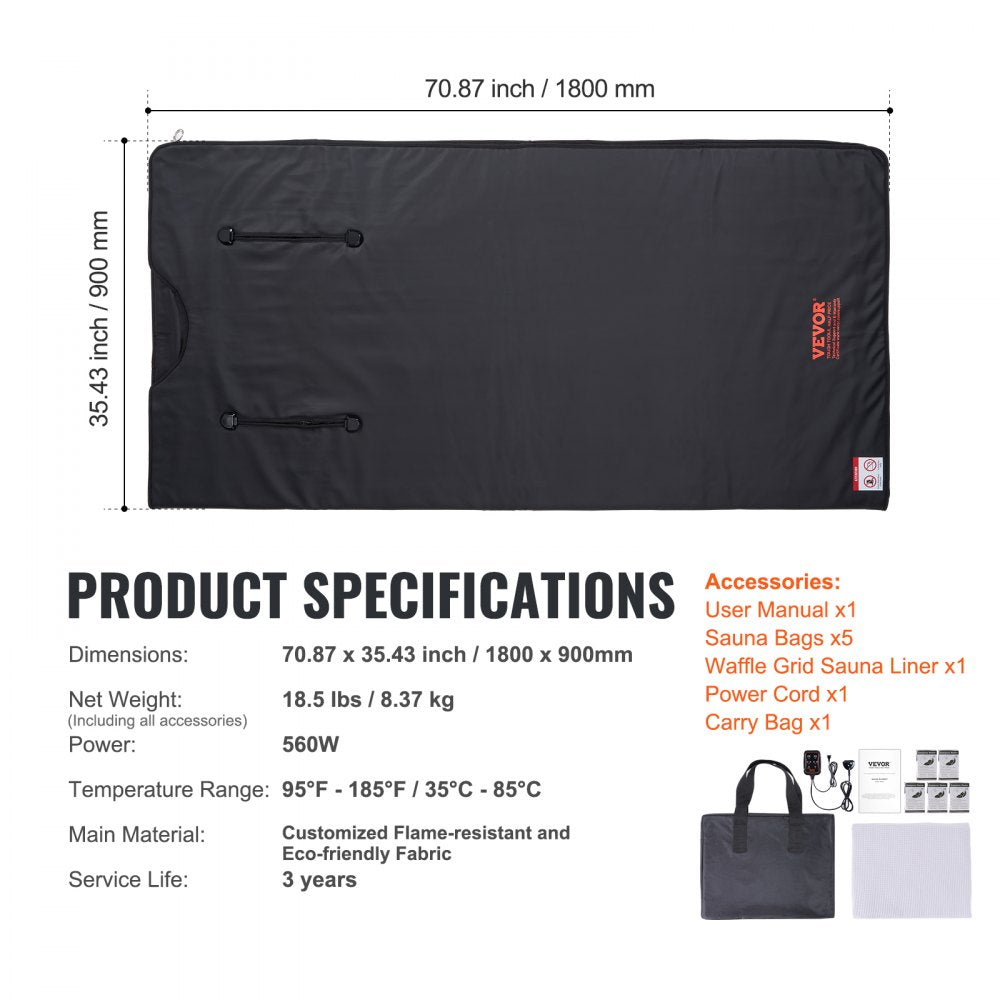 VEVOR Sauna Blanket for Detoxification, Portable Far Infrared Sauna for Home with Arm Holes for Comfort, 1-6 Level Adjustable Temprature Rannge 95-185?, 1-60 Minutes Timer, Carbon Fiber Heating