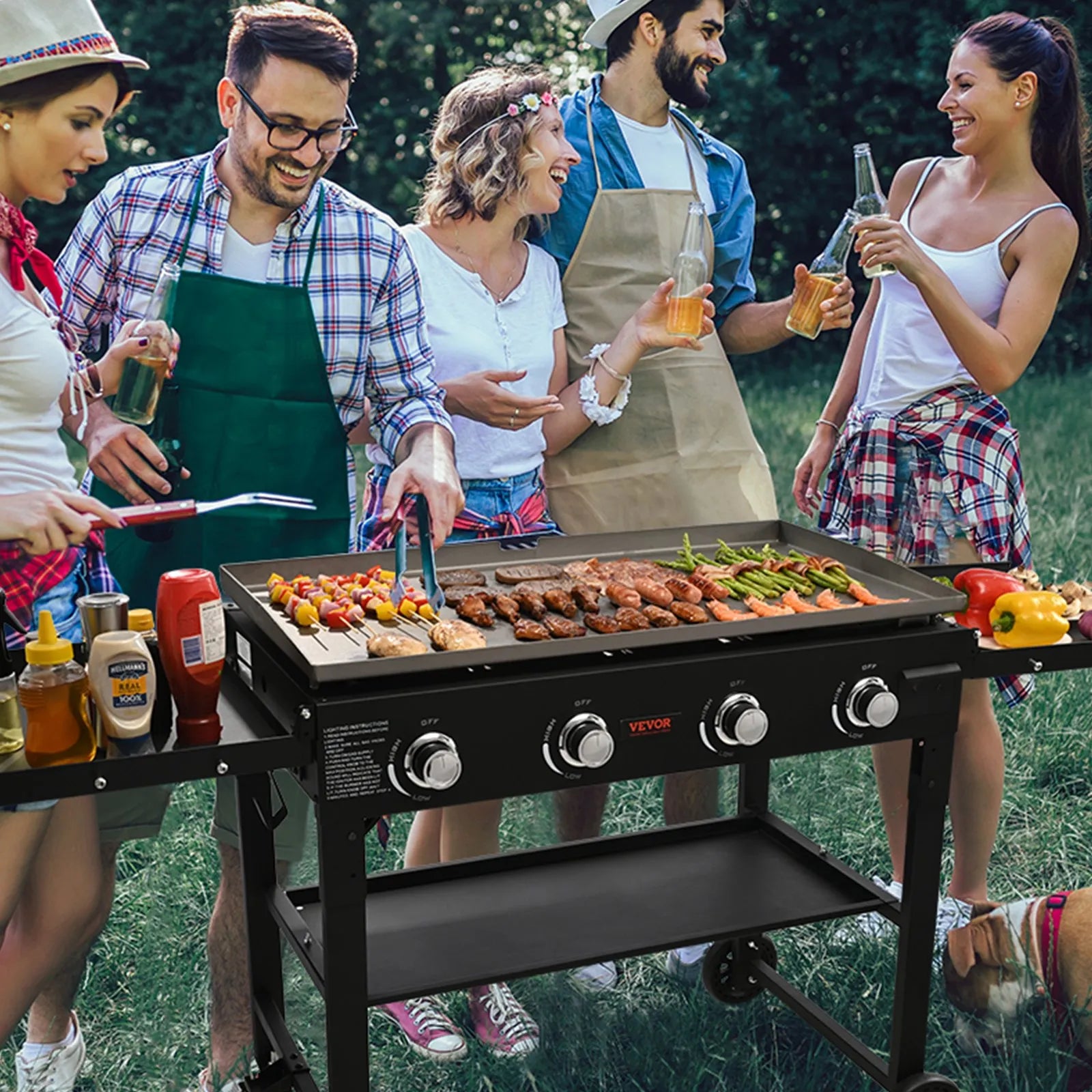 VEVOR Commercial Griddle on Cart, 36" Heavy Duty Manual Flat Top Griddle, Outdoor Cooking Station with Side Shelves, Steel Natural Gas Griddle, 4-Burners Restaurant Portable Tested to UL Standards