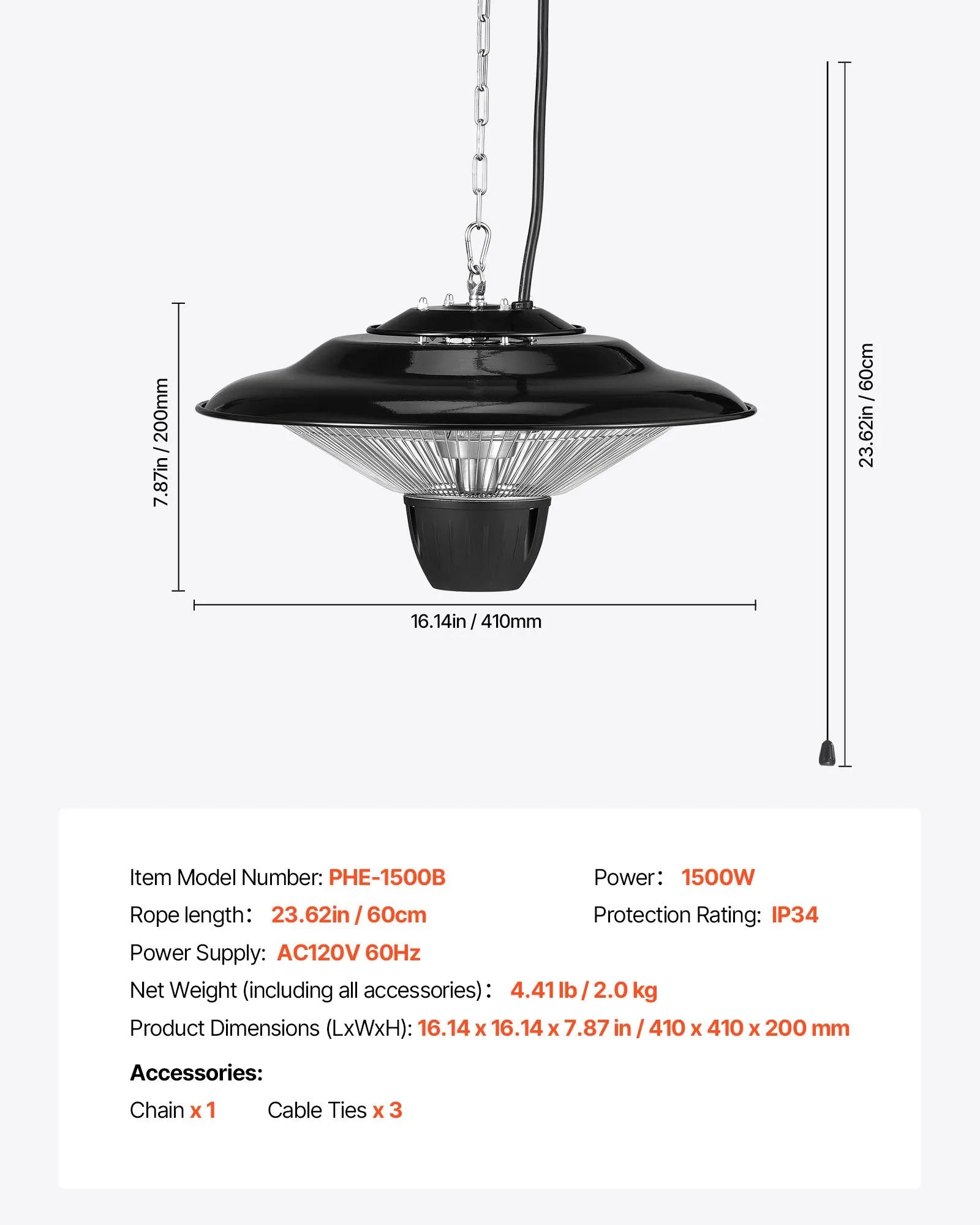 VEVOR Hanging Patio Heater, 1500W Electric Space Infrared Heater, IP34 Protection with 23.6 inch Pull Cord & Adjustable Chain, for Porch,Patio,Dining Room,Studio Outdoor/Indoor