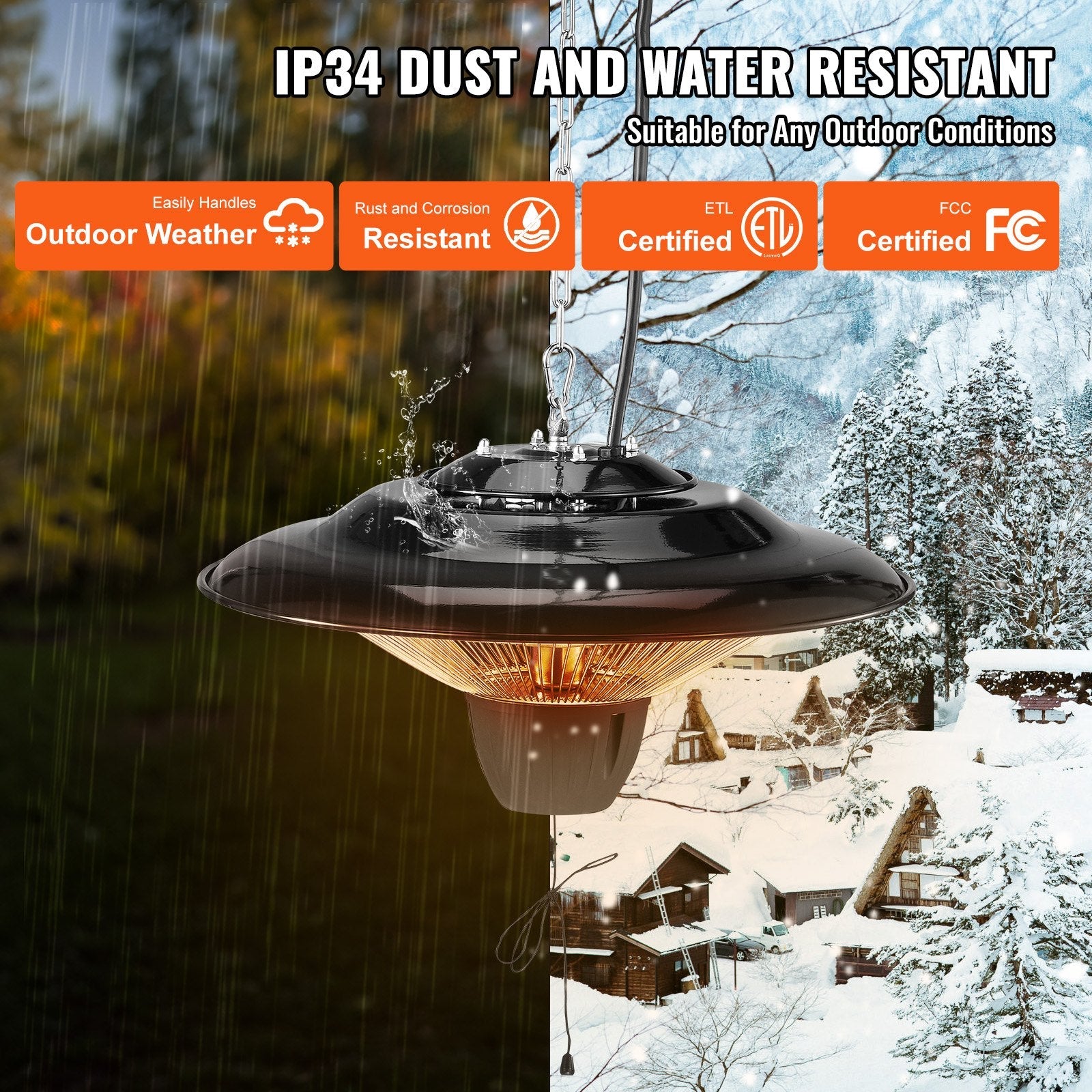 VEVOR Hanging Patio Heater, 1500W Outdoor/Indoor Electric Space Infrared Heater, IP34 Protection Ceiling Heater with 23.6 inch Pull Cord & 20 inch Adjustable Chain, for Porch,Patio,Dining Room,Studio