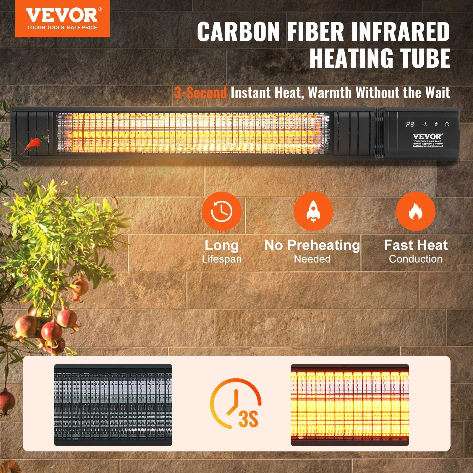 VEVOR Infrared Heater 1500W Electric Space Heater Remote Control 9 Speeds Timer