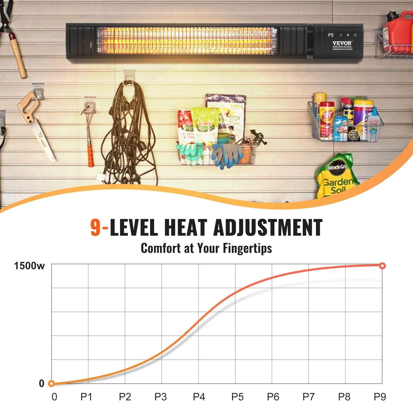 VEVOR Infrared Heater 1500W Electric Space Heater Remote Control 9 Speeds Timer