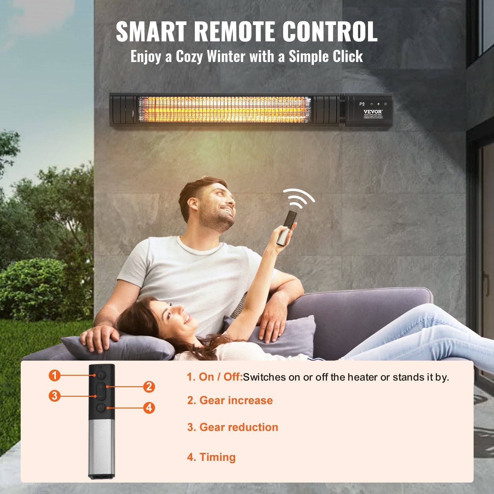 VEVOR Infrared Heater 1500W Electric Space Heater Remote Control 9 Speeds Timer