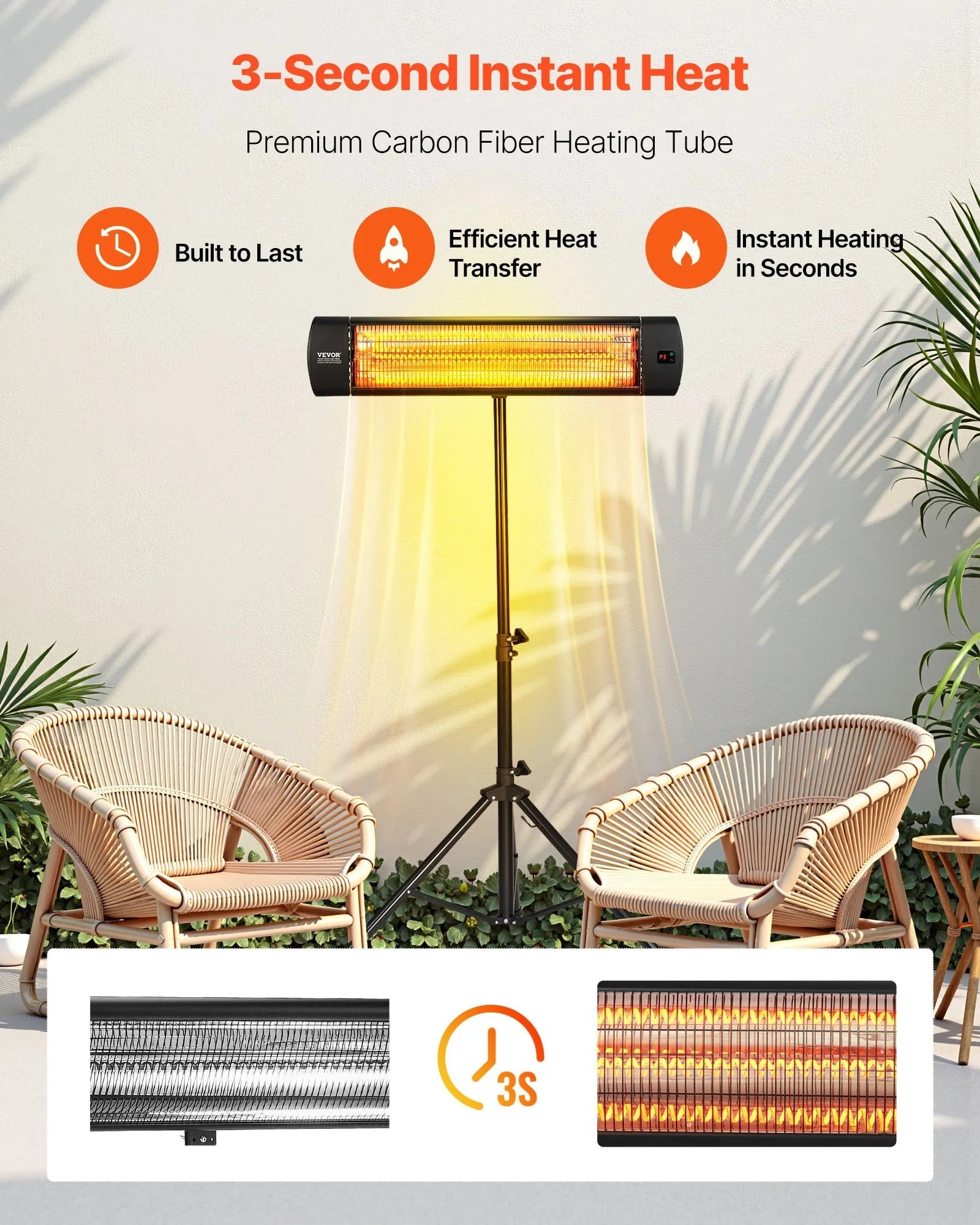 VEVOR Infrared Heater, 1500W Electric Space Heater with Remote Control, LED Screen w/ 3 Speeds & Timer, Outdoor/Outdoor for Patio,Porch,Dining Room,Studio
