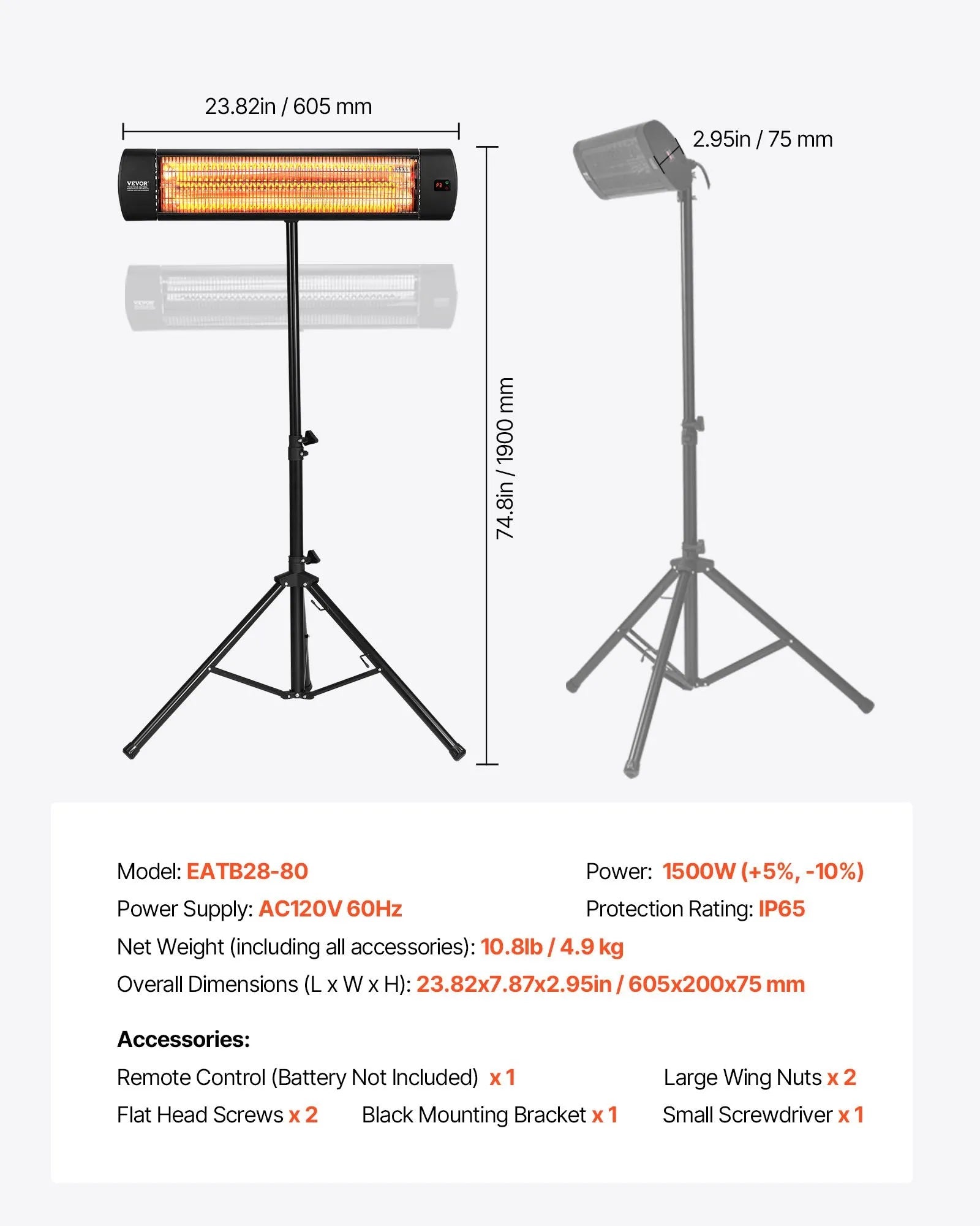VEVOR Infrared Heater, 1500W Electric Space Heater with Remote Control, LED Screen w/ 3 Speeds & Timer, Outdoor/Outdoor for Patio,Porch,Dining Room,Studio