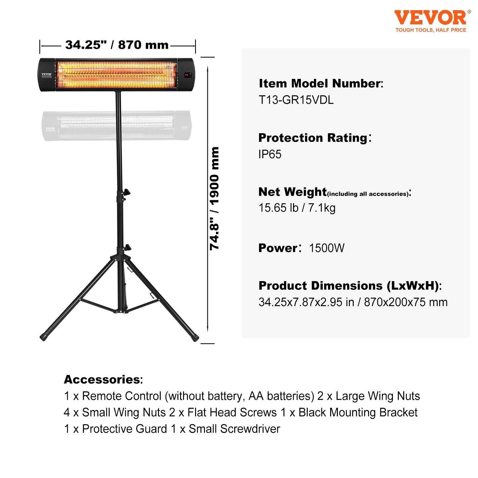 VEVOR Infrared Heater 1500W Electric Space Heater Remote Control 3 Speeds 34in