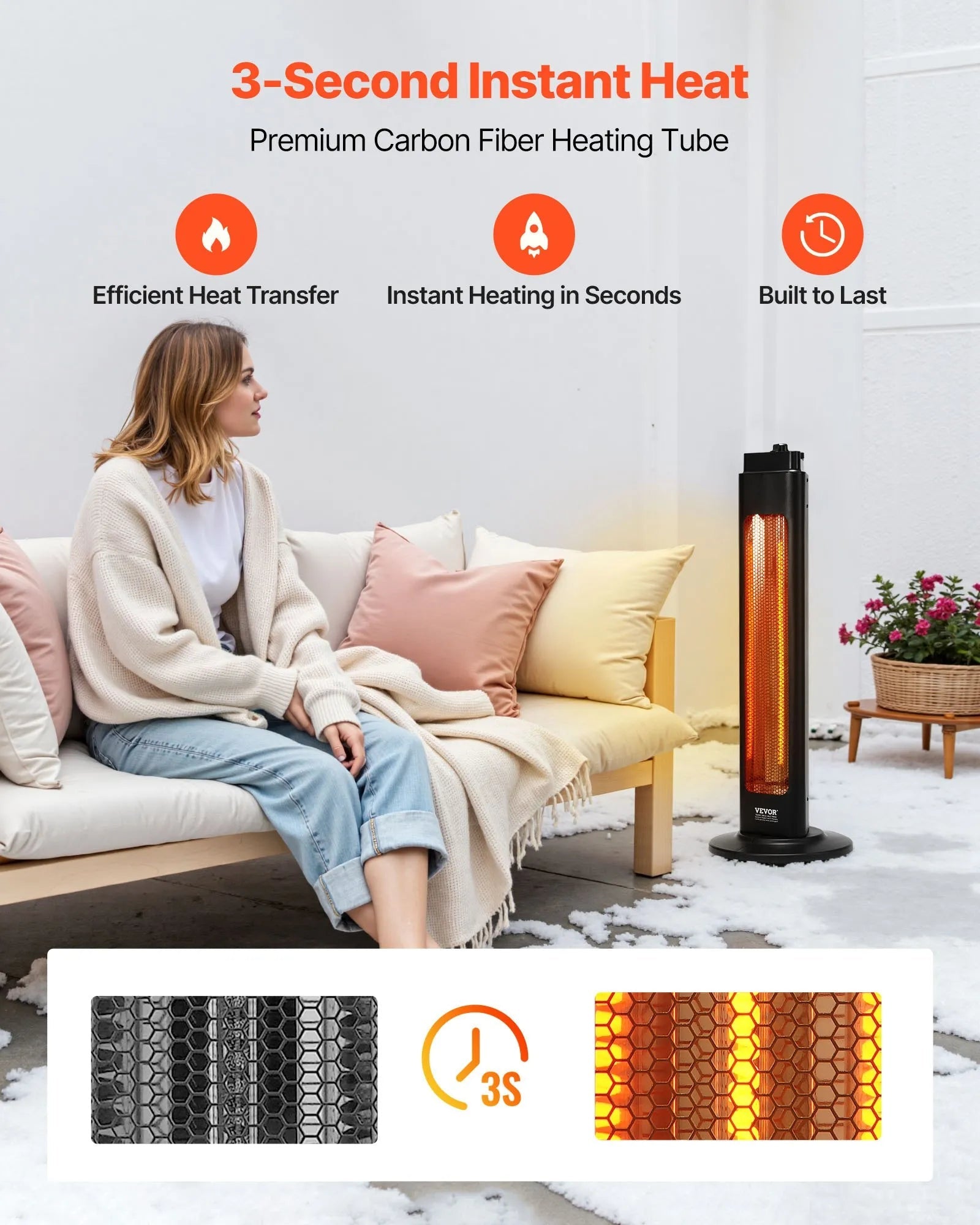 VEVOR Infrared Heater, 1500W Electric Space Heater with Remote Control & 3 Speeds & 24H Timer & Multiple Security Protections, Indoor/Outdoor for Bedroom,Studio,Porch,Dining Room,Studio
