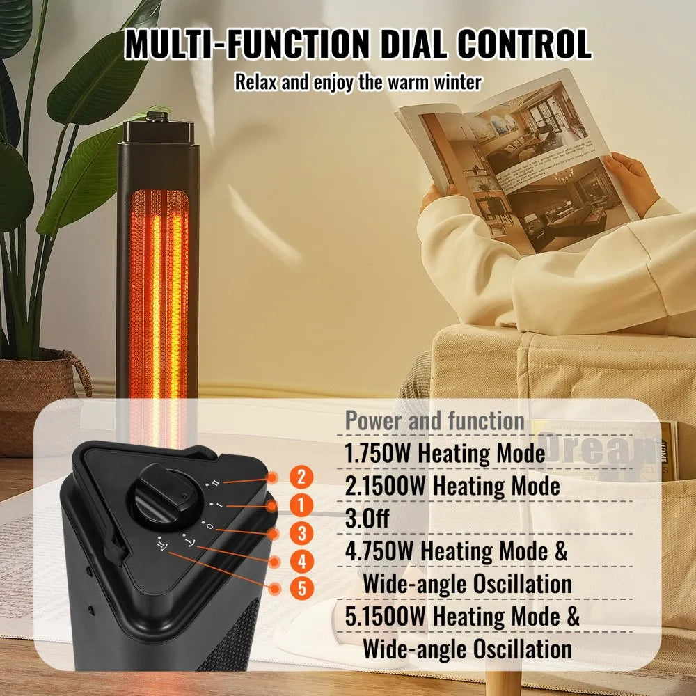 1500W Oscillating Infrared Space Heater, 2 Speeds, Timer, 31.5-Inch Black