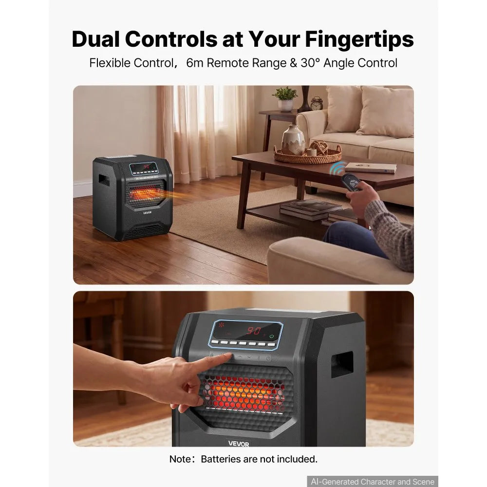 1500W Infrared Electric Space Heater with Remote Control, 3 Heat Settings & 12-Hour Timer – Black