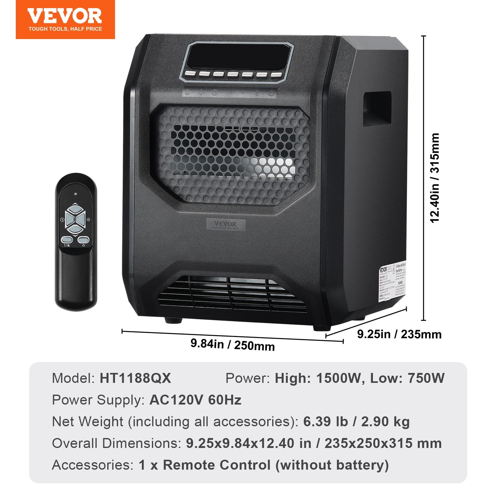 VEVOR Infrared Heater 1500W Electric Space Heater Remote Control 3 Speeds ABS