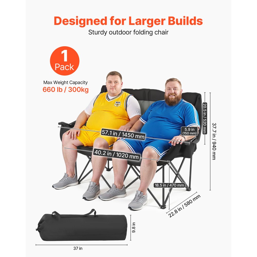 Double Camping Chair – Oversized Two-Person Folding Camp Chair with 660 lb Capacity, Cup Holders & Carry Bag