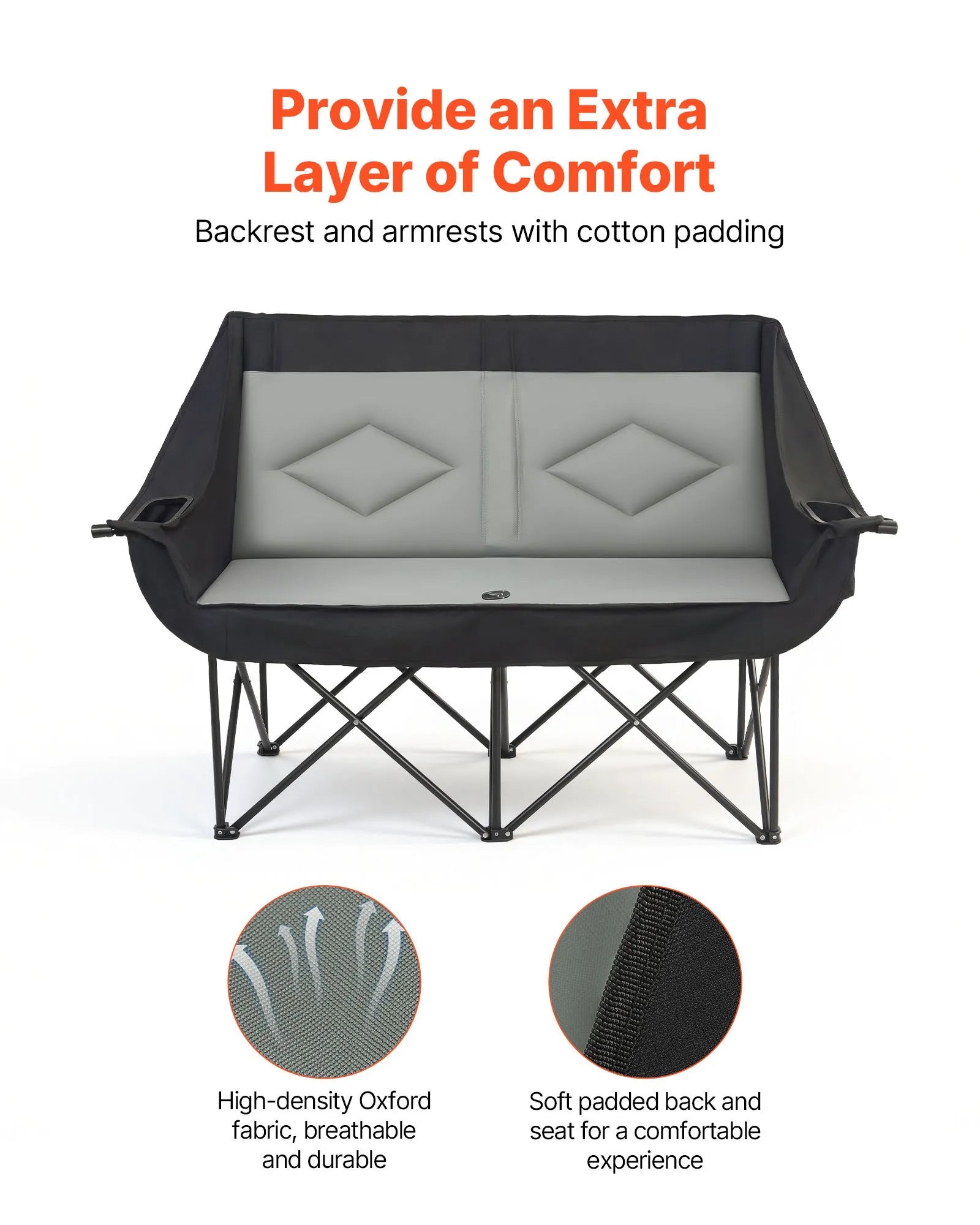 Double Camping Chair – Oversized Two-Person Folding Camp Chair with 660 lb Capacity, Cup Holders & Carry Bag