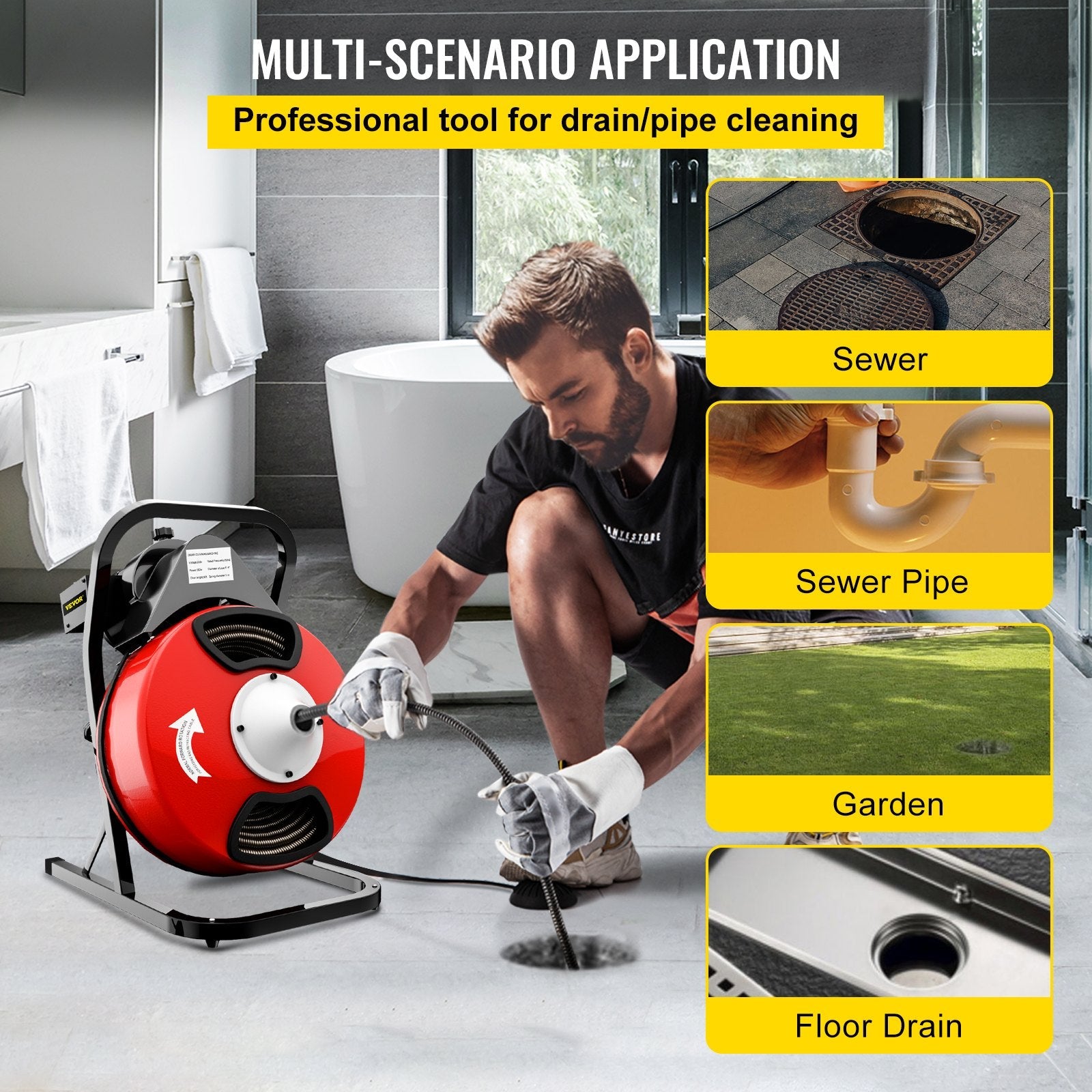 VEVOR 50FTx1/2Inch Drain Cleaner Machine Electric Drain Auger with 4 Cutter & Foot Switch Drain Cleaner Machine Sewer Snake Drill Drain Auger Cleaner for 2" to 4" Pipes