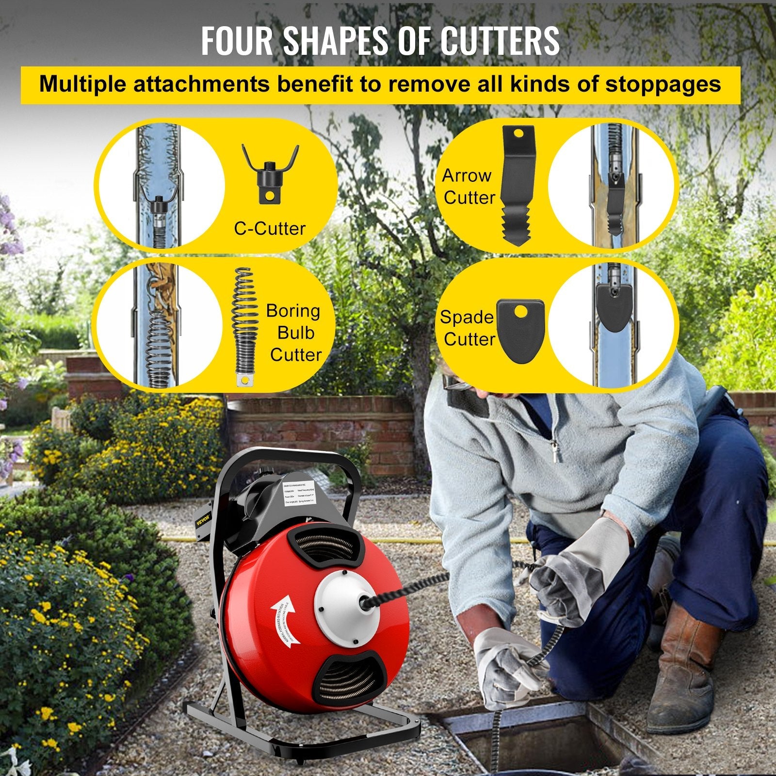 VEVOR 50FTx1/2Inch Drain Cleaner Machine Electric Drain Auger with 4 Cutter & Foot Switch Drain Cleaner Machine Sewer Snake Drill Drain Auger Cleaner for 2" to 4" Pipes