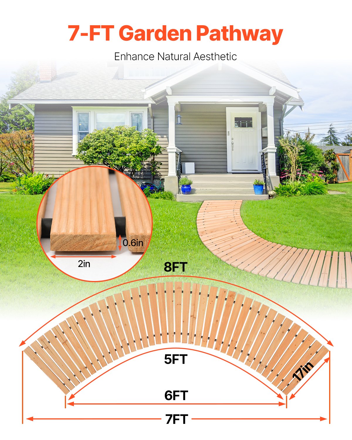 VEVOR 7 ft L x 17 in W Curved Wooden Garden Pathway Roll Out Garden Walkway