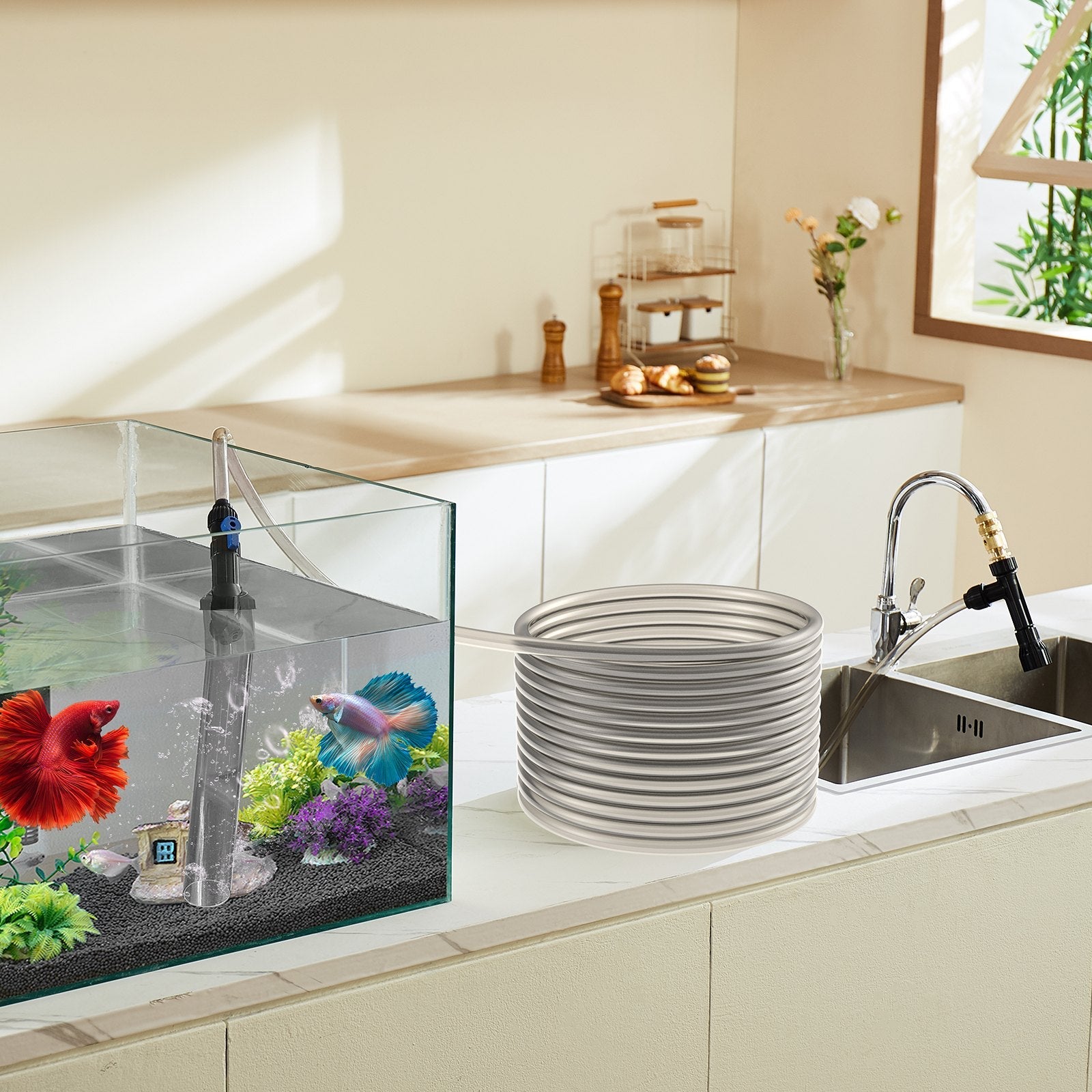 VEVOR Aquarium Vacuum Gravel Cleaner, 25 ft PVC Hose Fish Tank Vacuum Gravel Cleaner, Siphon Fish Tank Cleaner Vacuum, 3 Types of Brass Adapters, for Fish Tank Cleaning Gravel & Sand