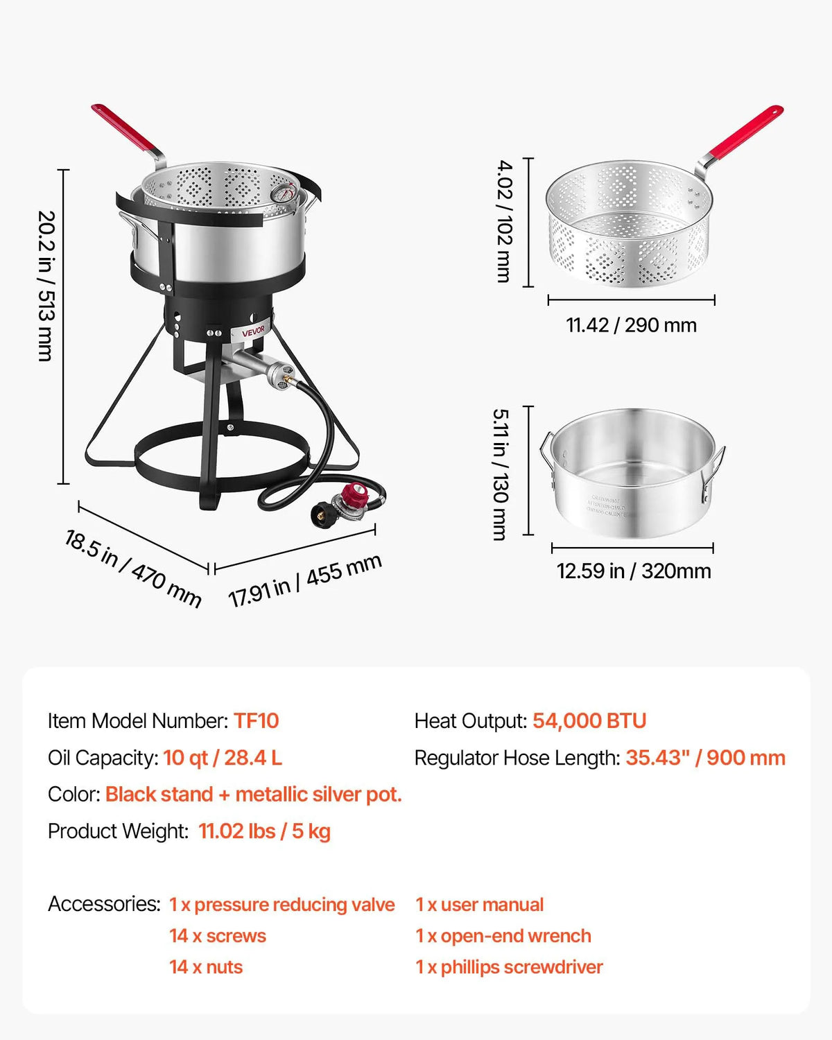 10 Qt Aluminum Fish & Wing Fryer with 54,000 BTU Propane Burner, Cooking Basket & Stand