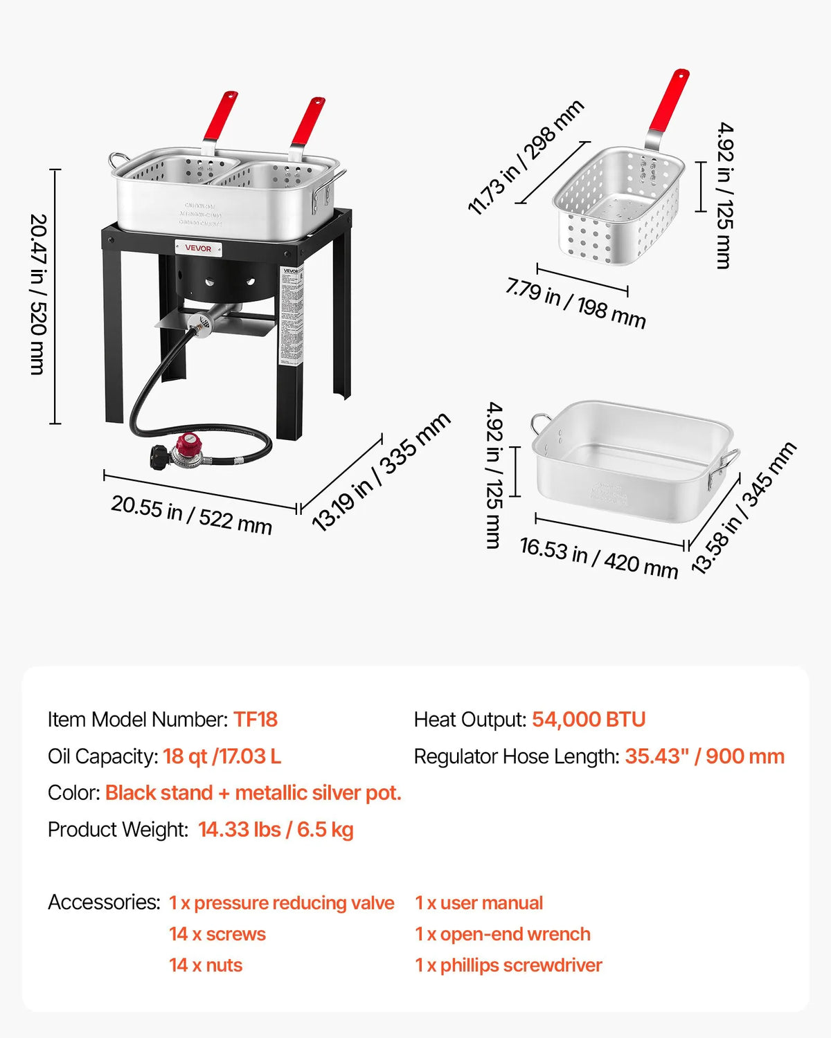 18 Qt Aluminum Fish & Wing Fryer with Double Baskets, 54,000 BTU Propane Burner & Stand