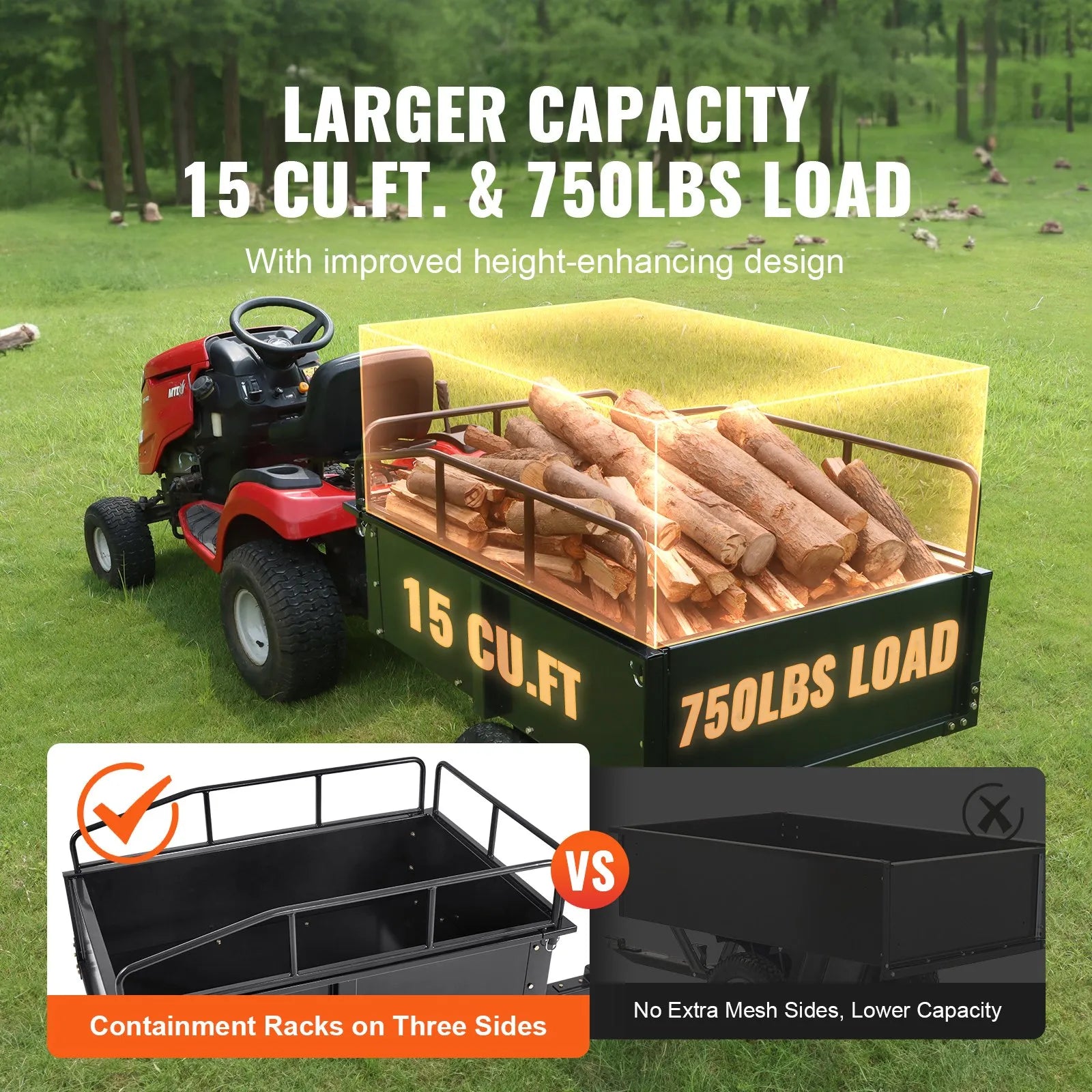 VEVOR ATV Trailer Heavy Duty Steel Dump Cart Tow Behind, 750 lbs 15 Cubic Feet, Garden Utility Trailer Yard Trailers with Removable Sides for Riding Lawn Mower Tractor