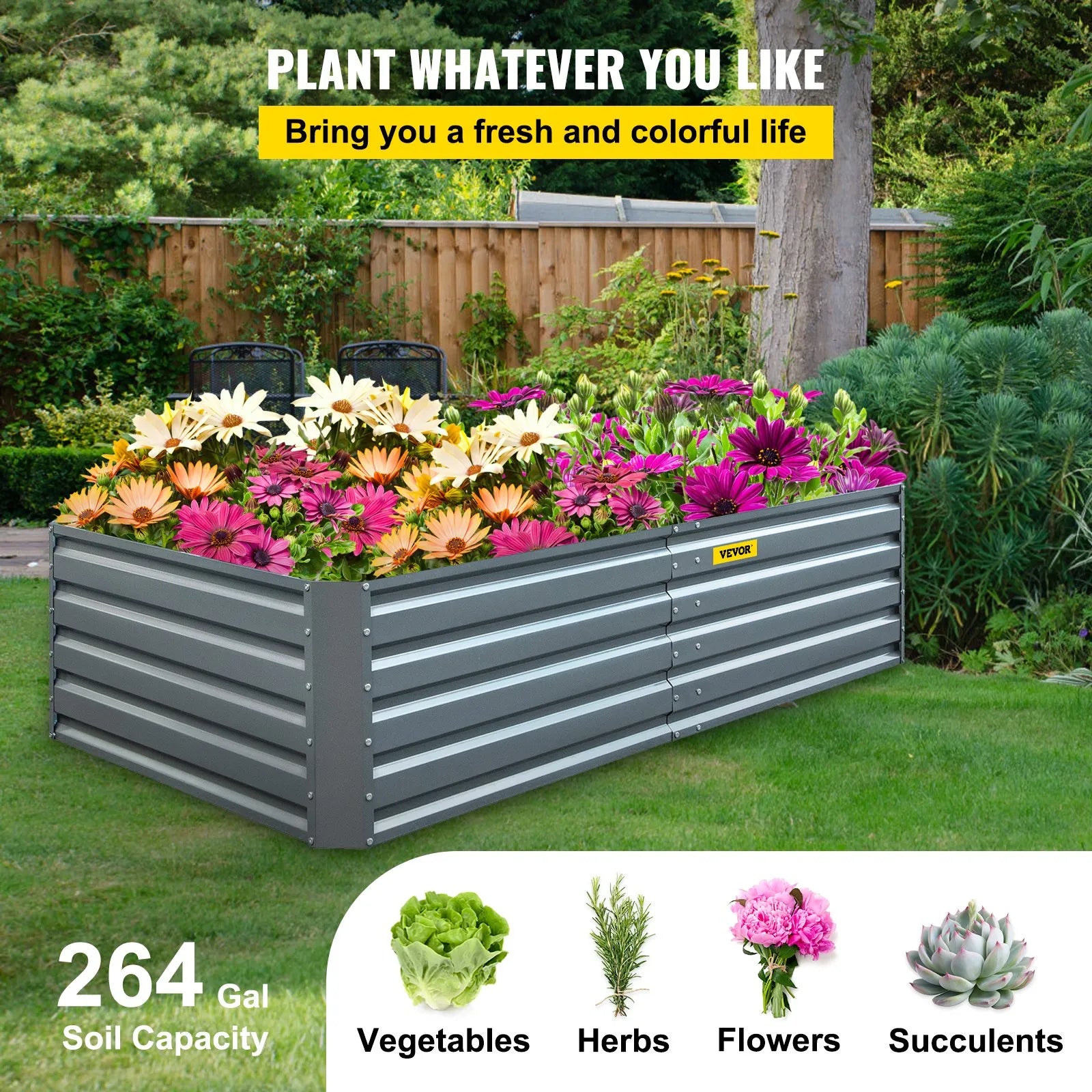 VEVOR Galvanized Raised Garden Bed, 48" x 24" x 12" Metal Planter Box, Gray Steel Plant Raised Garden Bed Kit, Planter Boxes Outdoor for Growing Vegetables, Flowers, Fruits, Herbs, and Succulents