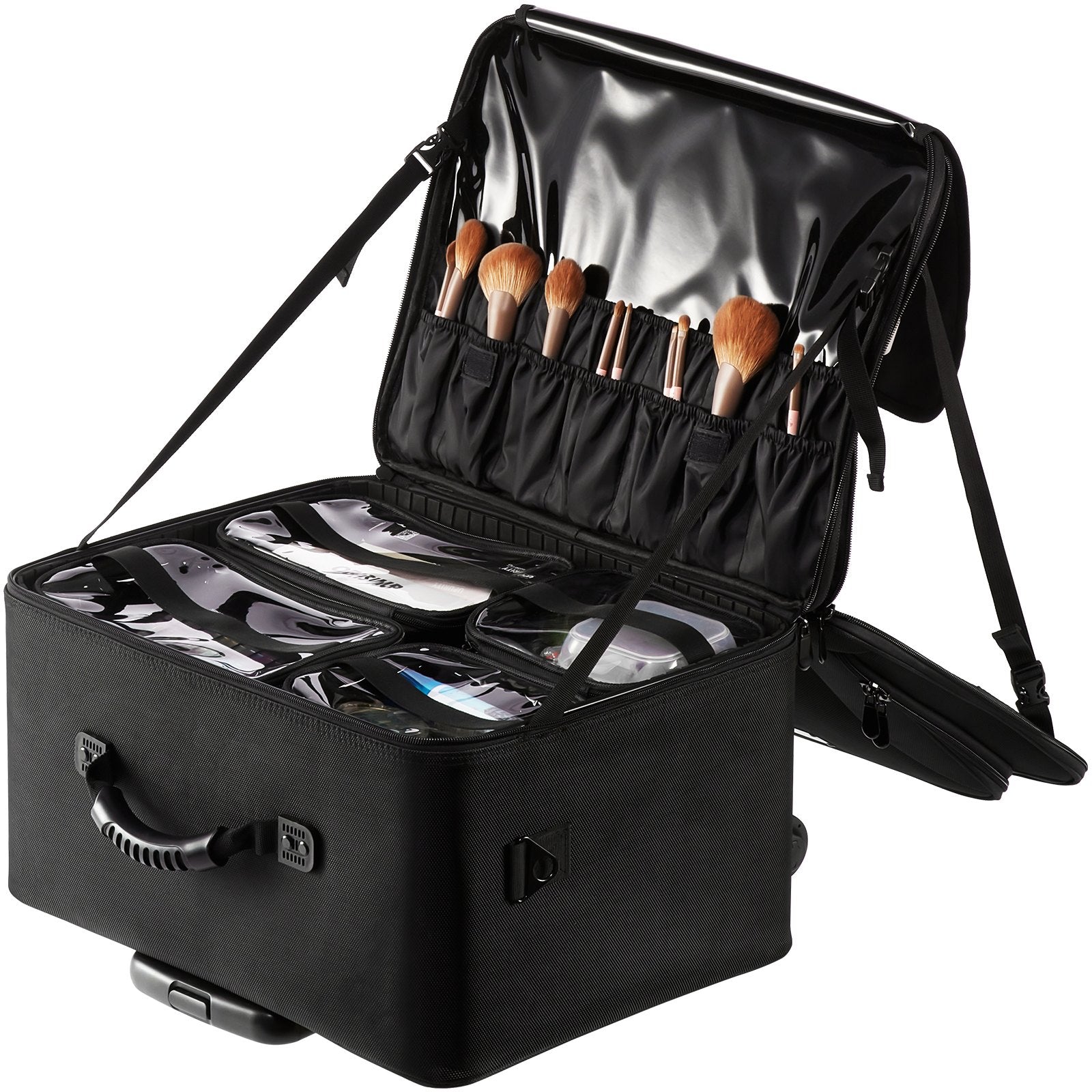 VEVOR Rolling Makeup Train Case Large Storage 3 Tiers, Convenient Carry With Handle, Wheels, Strap, Professional Makeup Storage Organizer Box Make Up Carrier Waterproof Oxford, Black