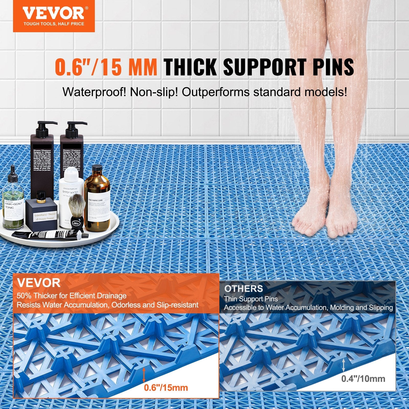 VEVOR Modular Interlocking Cushion, 50 Pack 12" x 12" Splicing Drainage Mats, Soft PVC Interlocking Drainage Floor Tiles, Non-Slip Drainage Holes for Restroom, Bathroom, Kitchen, Pool, Wet Areas, Blue