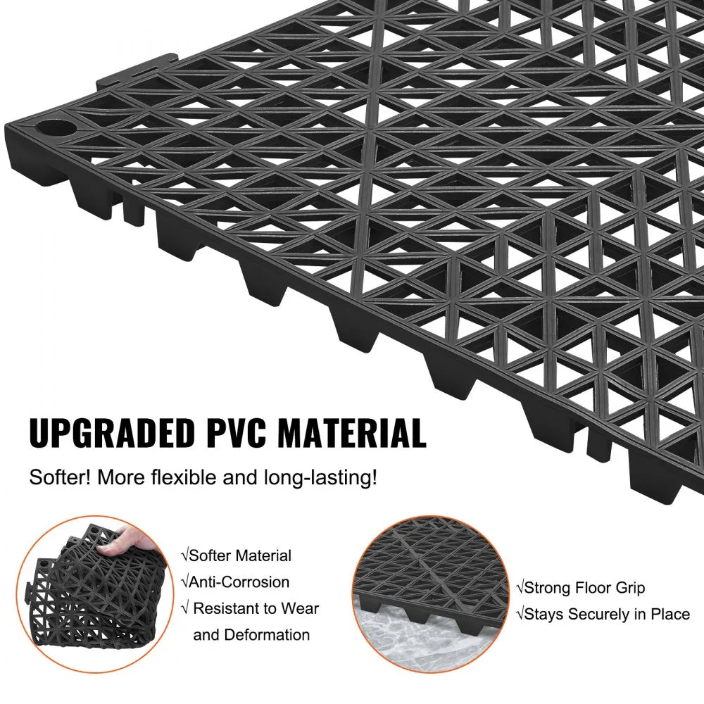 VEVOR Modular Interlocking Cushion, 12 Pack 12" x 12" Splicing Drainage Mats, Soft PVC Interlocking Drainage Floor Tiles, Non-Slip Drainage Holes for Restroom, Bathroom, Kitchen, Pool, Wet Areas, Blac
