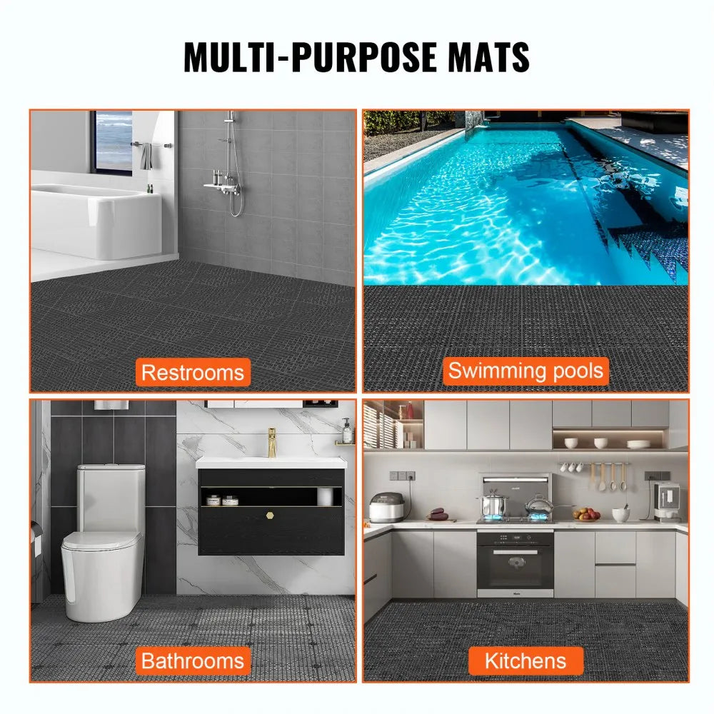 VEVOR Modular Interlocking Cushion, 12 Pack 12" x 12" Splicing Drainage Mats, Soft PVC Interlocking Drainage Floor Tiles, Non-Slip Drainage Holes for Restroom, Bathroom, Kitchen, Pool, Wet Areas, Blac