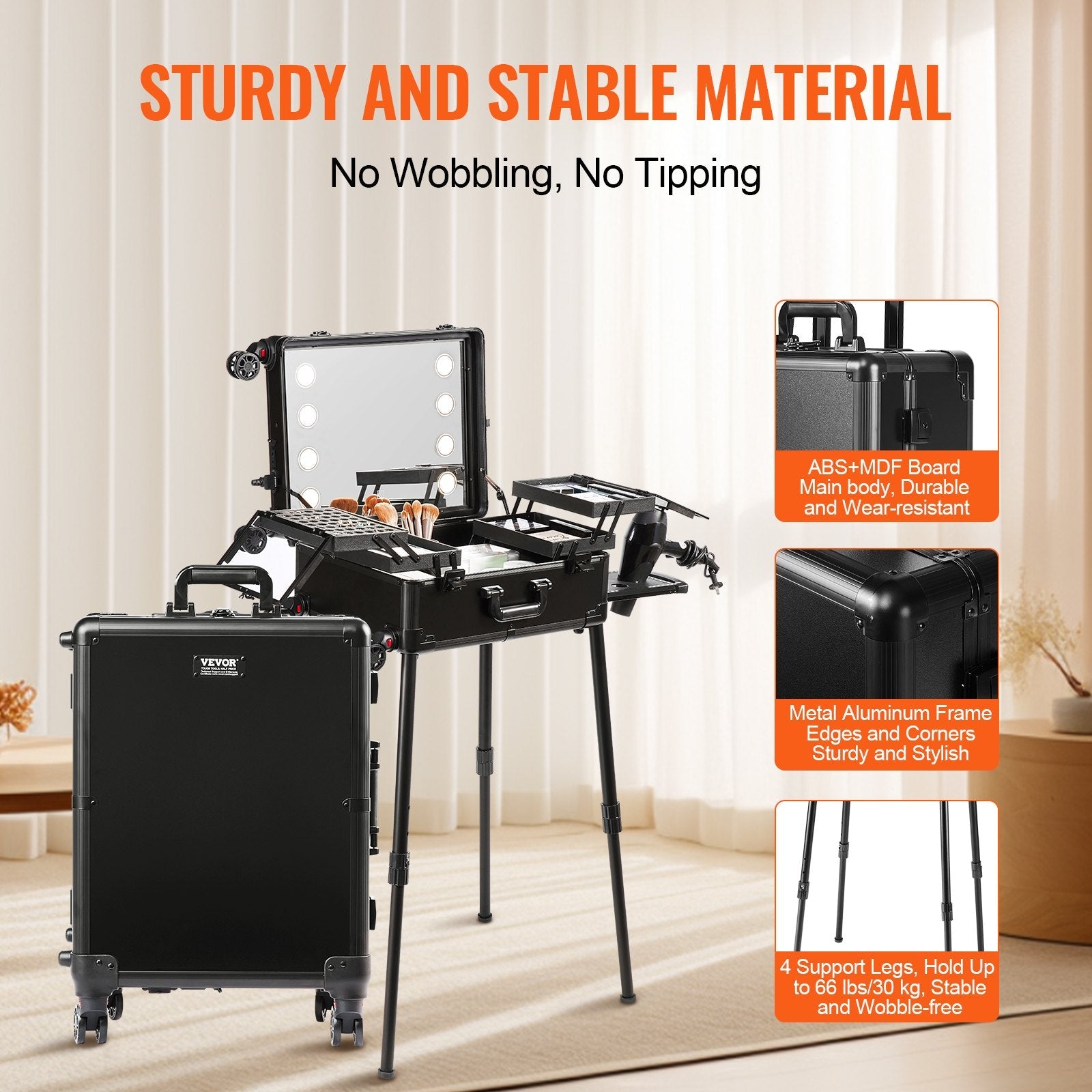 VEVOR Makeup Train Case with Lock, Lighted Mirror, 4 Storage Trays, Brush Holder, Travel Cosmetic Organizer Box w/ Swivel Wheels, Professional Artist Trolley Studio Free Standing Case