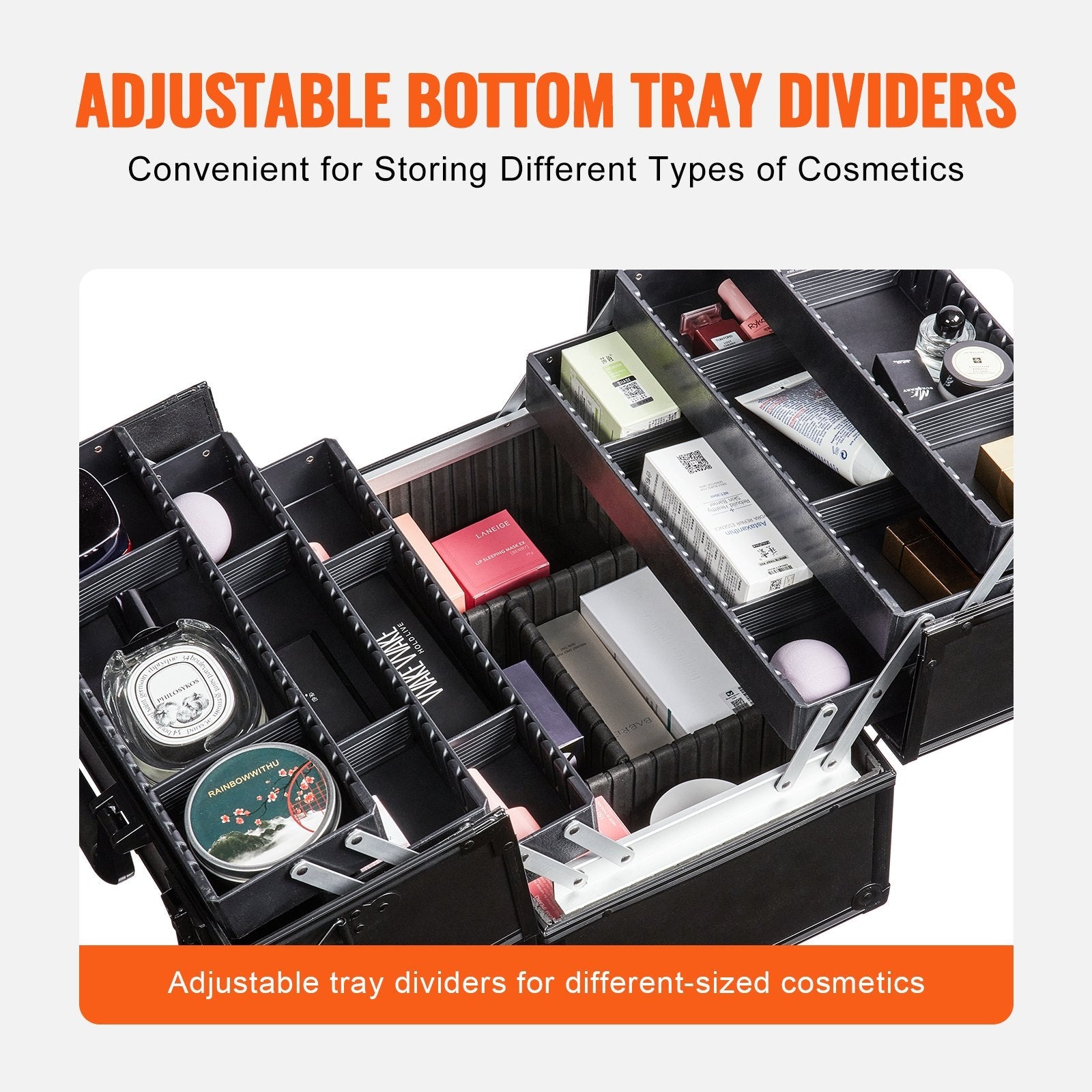 VEVOR Makeup Train Case 14.6 inch Large Portable Cosmetic Case, 6 Tier Trays Professional Makeup Storage Organizer Box Make Up Carrier with Handle And Strap Travel Case for Women and Girls - Black