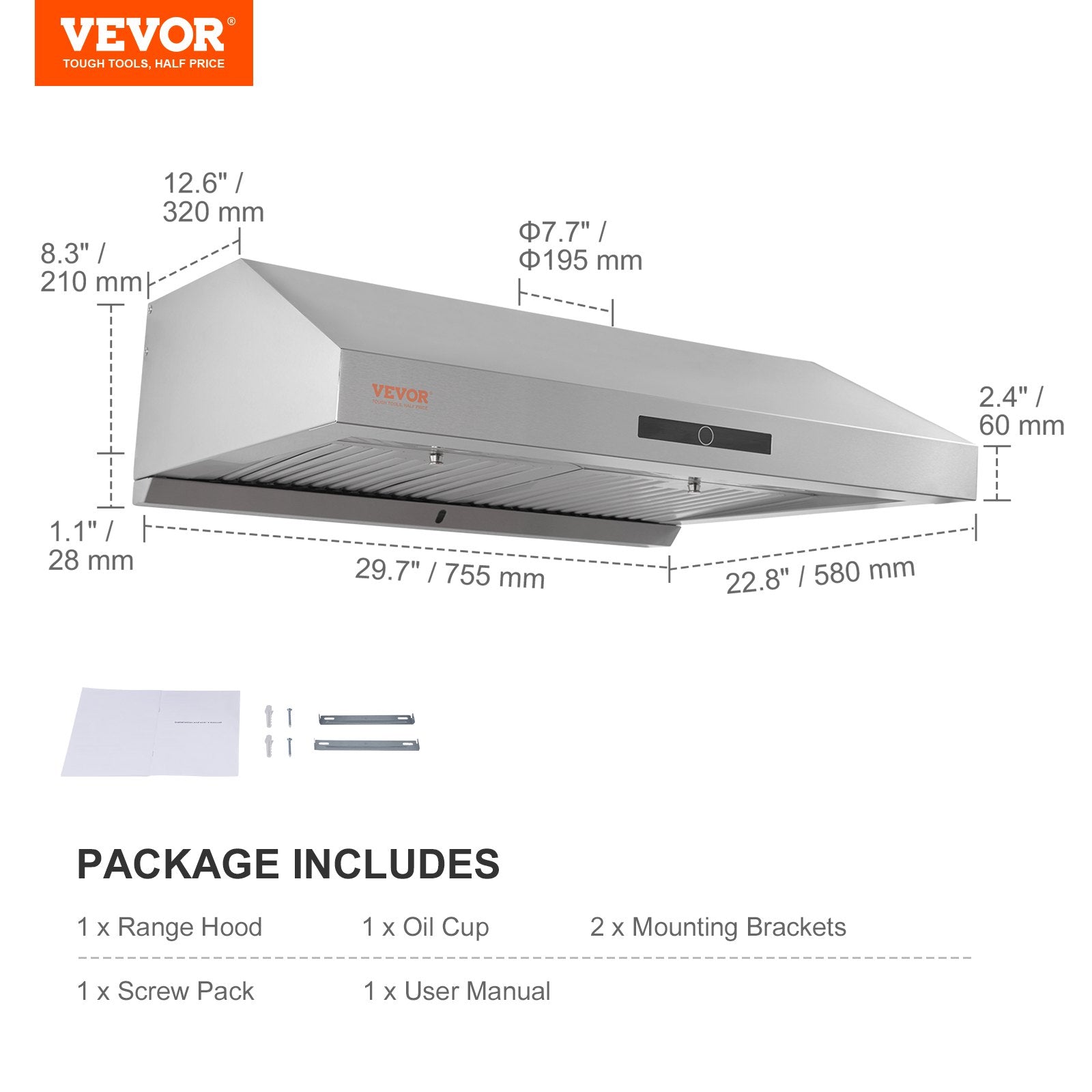 VEVOR 30" Under Cabinet Range Hood Ductless Kitchen Vent Stainless Steel LED