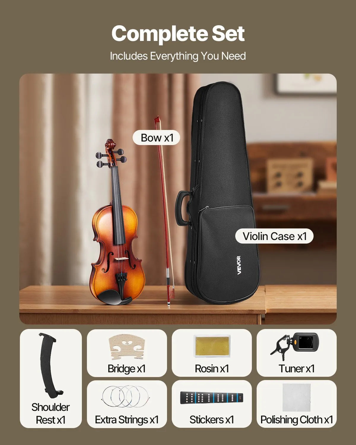 VEVOR Violin 3/4 Size Fiddle Set for Adult Beginners with Case Rosin Brown