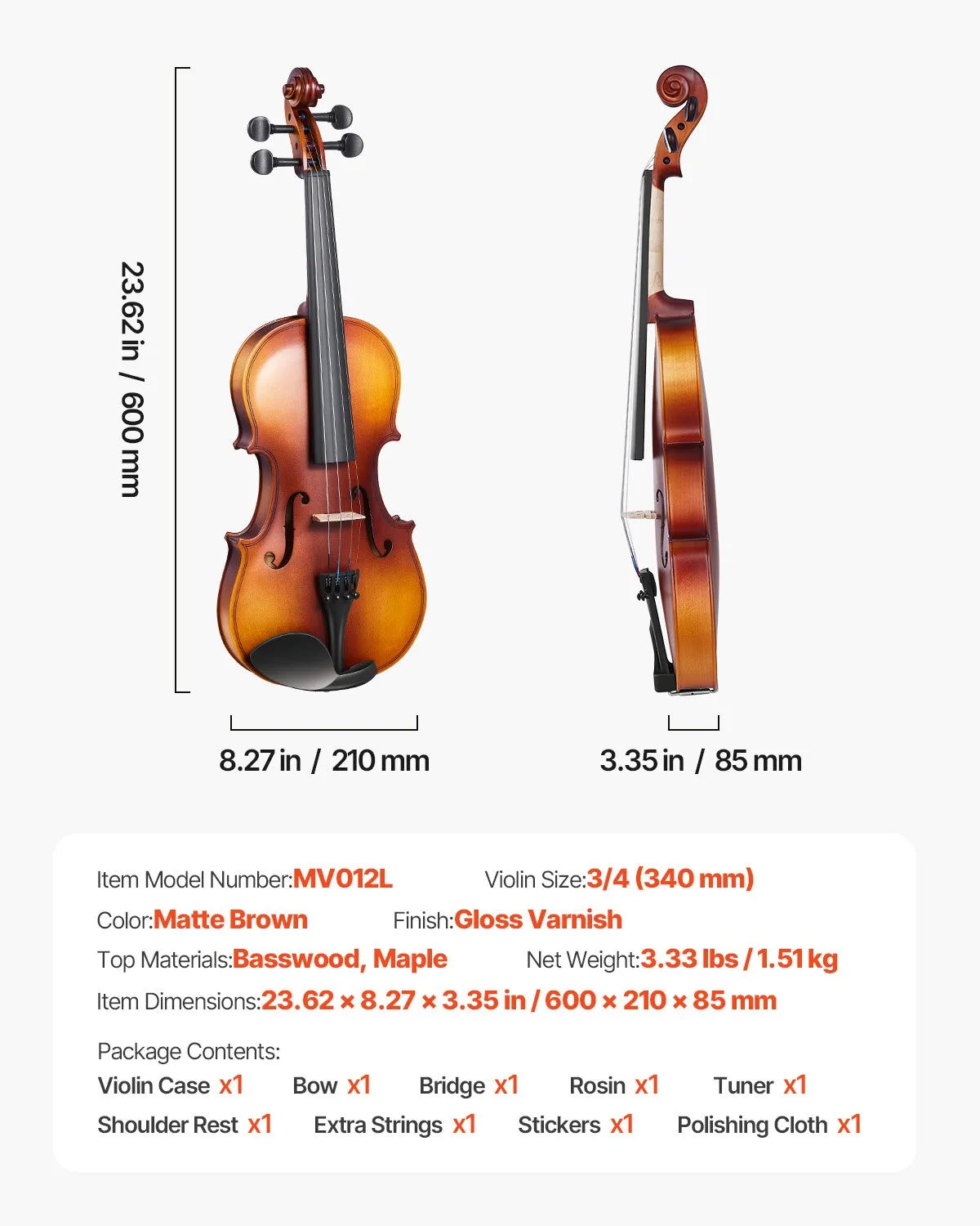 VEVOR Violin 3/4 Size Fiddle Set for Adult Beginners with Case Rosin Brown