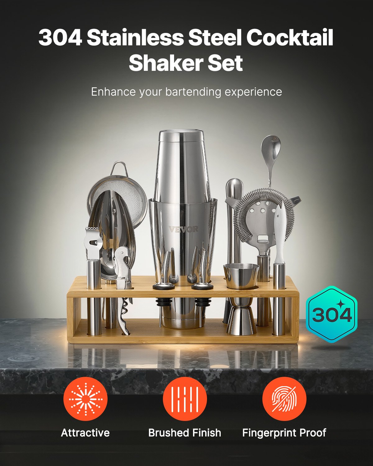 VEVOR Cocktail Shaker Set 13 Pcs Bartender Kit Stainless Steel Bar Tools Silver