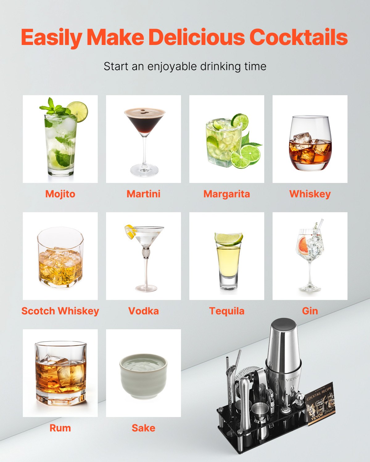 VEVOR Cocktail Shaker Set 14 Pcs Bartender Kit Stainless Steel Bar Tools Silver