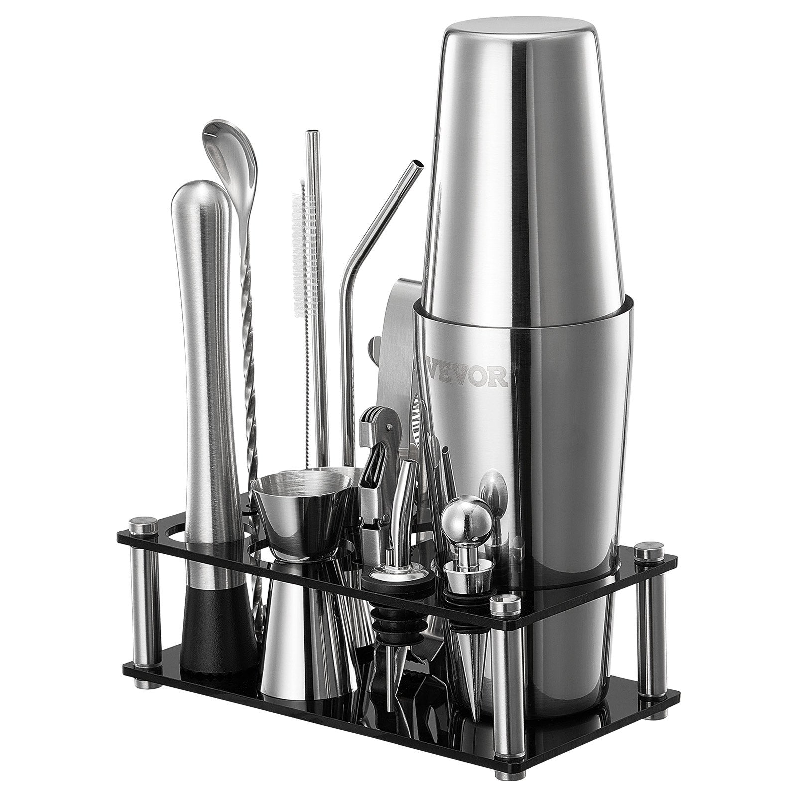 VEVOR Cocktail Shaker Set 14 Pcs Bartender Kit Stainless Steel Bar Tools Silver
