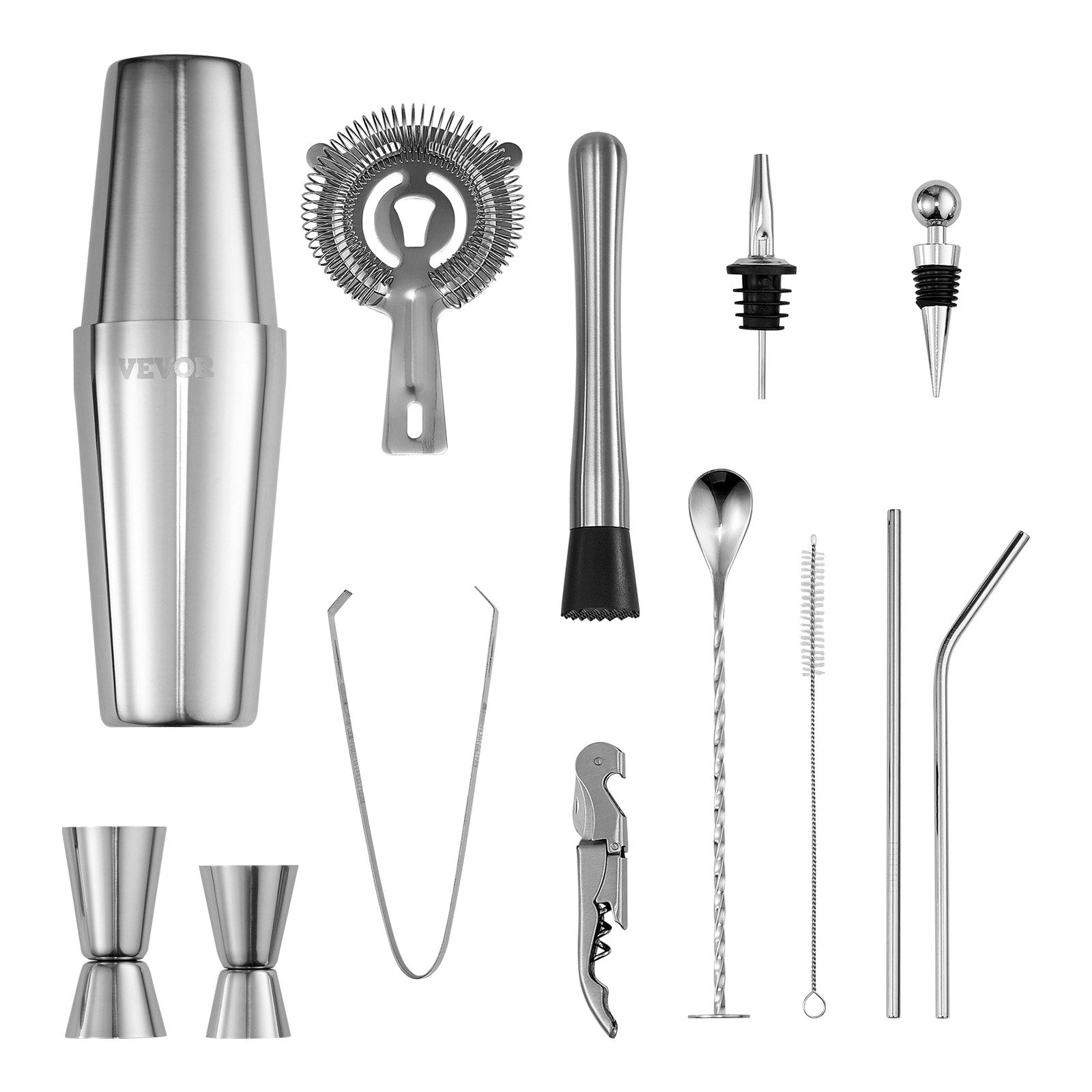 VEVOR Cocktail Shaker Set 14 Pcs Bartender Kit Stainless Steel Bar Tools Silver