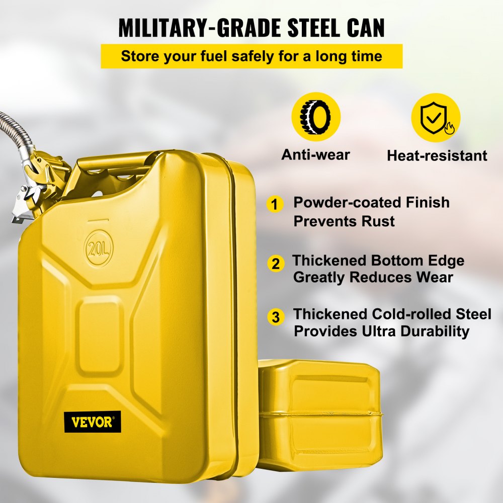 VEVOR Jerry Fuel Can, 5.3 Gallon / 20 L Portable Jerry Gas Can with Flexible Spout System, Rustproof ? Heat-resistant Steel Fuel Tank for Cars Trucks Equipment, Yellow