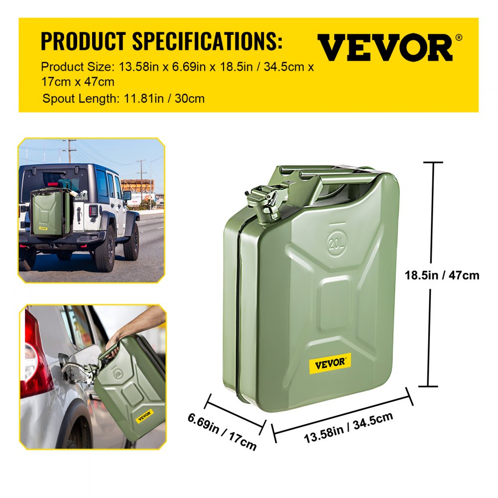 VEVOR Jerry Fuel Can, 5.3 Gallon / 20 L Portable Jerry Gas Can with Flexible Spout System, Rustproof ? Heat-resistant Steel Fuel Tank for Cars Trucks Equipment, 2PCS Green
