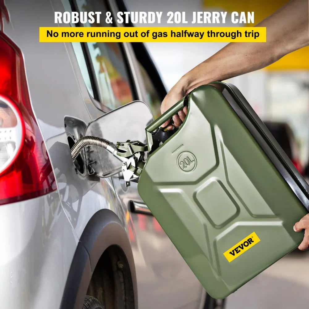 VEVOR Fuel Can, 5.3 Gallon / 20 L Portable Gas Can with Flexible Spout System, Rustproof & Heat-resistant Steel Fuel Tank for Cars Trucks Equipment, Green