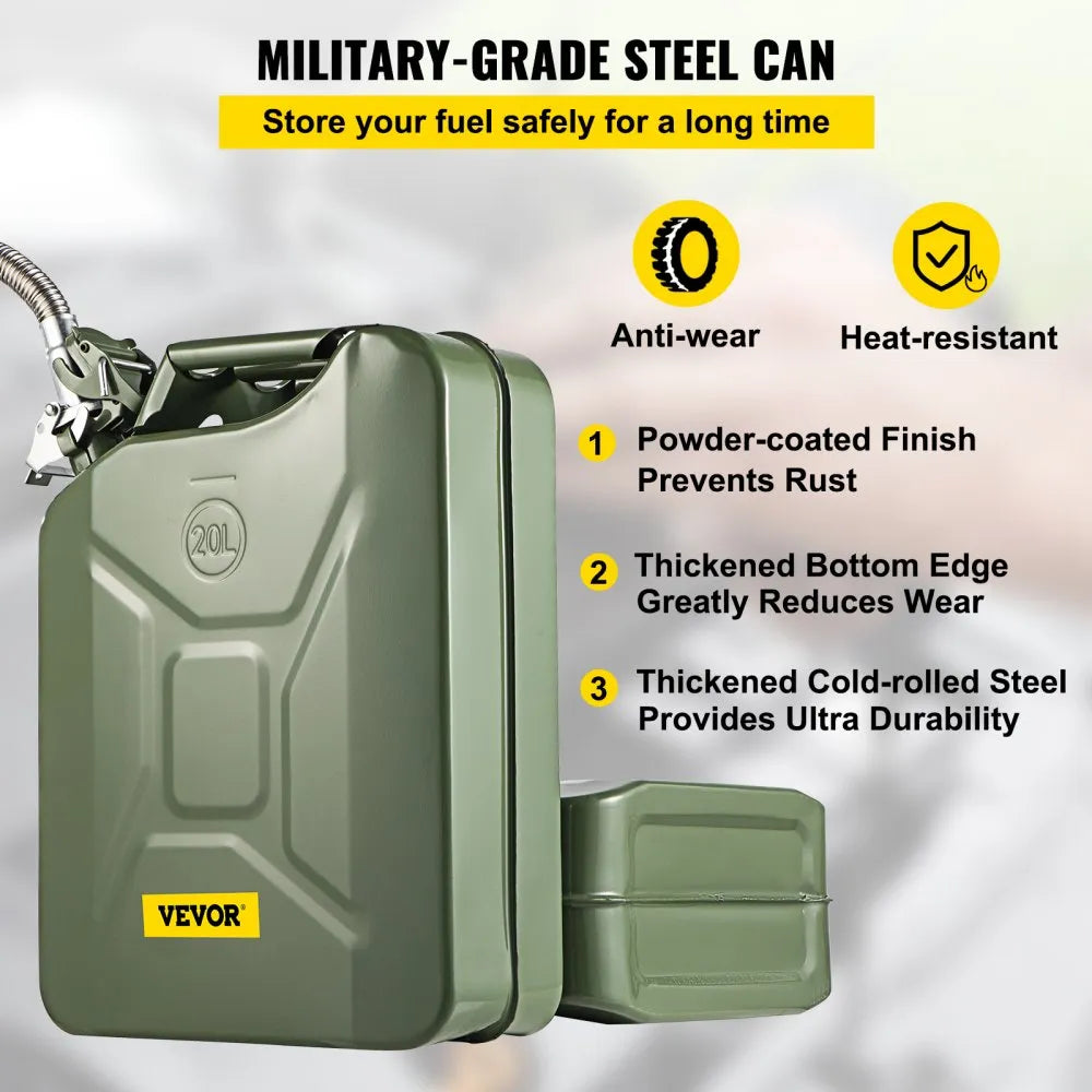 VEVOR Fuel Can, 5.3 Gallon / 20 L Portable Gas Can with Flexible Spout System, Rustproof & Heat-resistant Steel Fuel Tank for Cars Trucks Equipment, Green