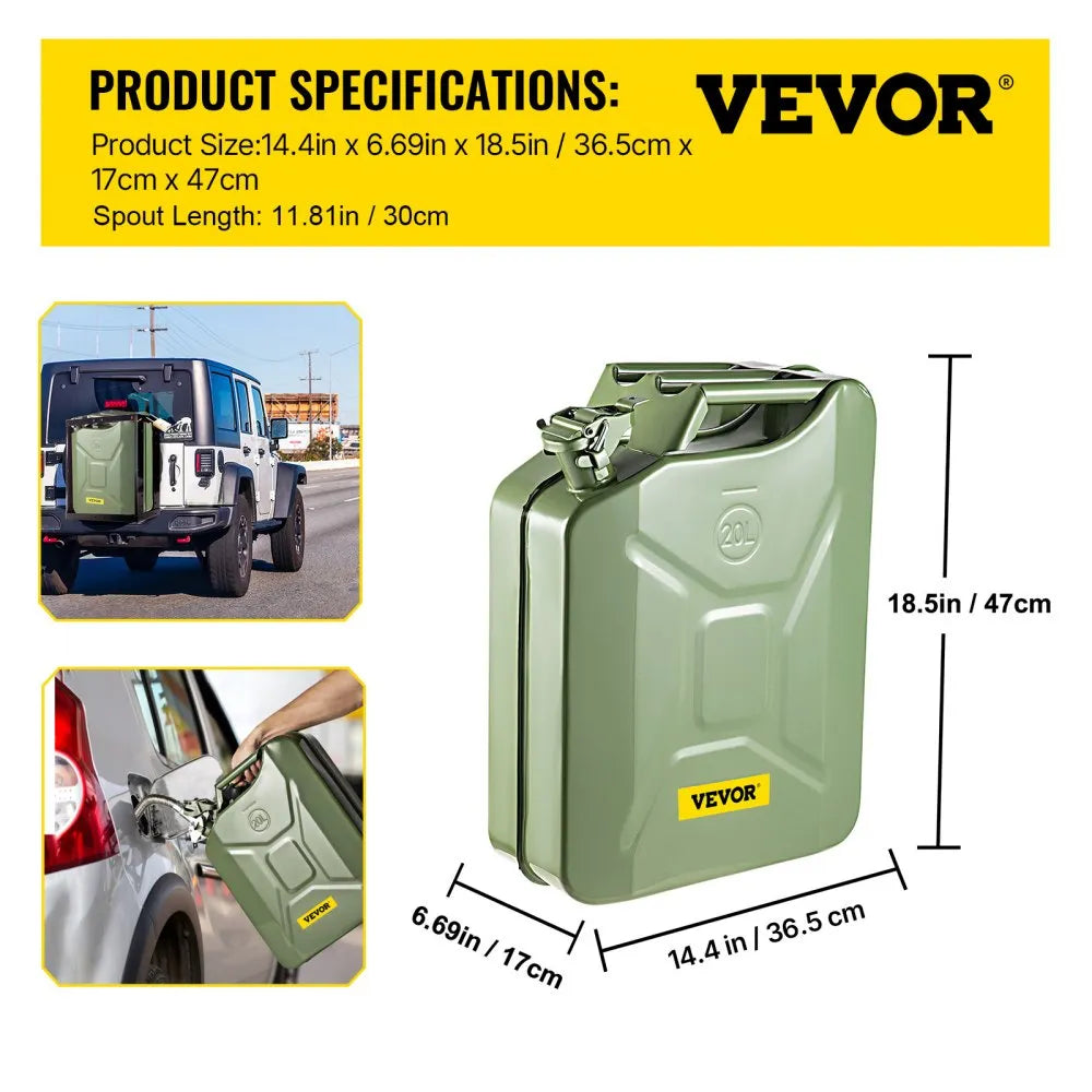 VEVOR Fuel Can, 5.3 Gallon / 20 L Portable Gas Can with Flexible Spout System, Rustproof & Heat-resistant Steel Fuel Tank for Cars Trucks Equipment, Green
