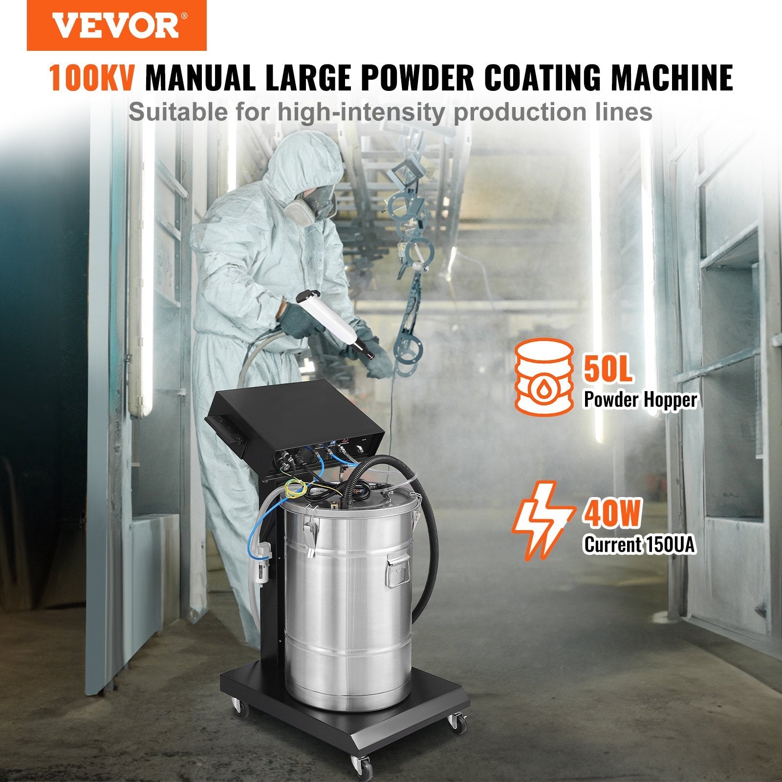 VEVOR Powder Coating System, 40 W 100KV Electrostatic Output Powder Coating Kit with 50L Powder Hopper, 450g Per Minute Powder Coating Machine with Spray Gun and Trolley Base, for Indoor and Outdoor