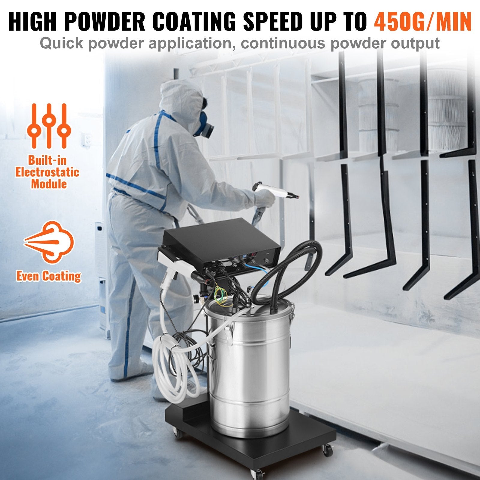 VEVOR Powder Coating System, 50 W 100KV Electrostatic Output Powder Coating Kit with 50L Powder Hopper, 450g Per Minute Powder Coating Machine with Spray Gun and Trolley Base, for Indoor and Outdoor