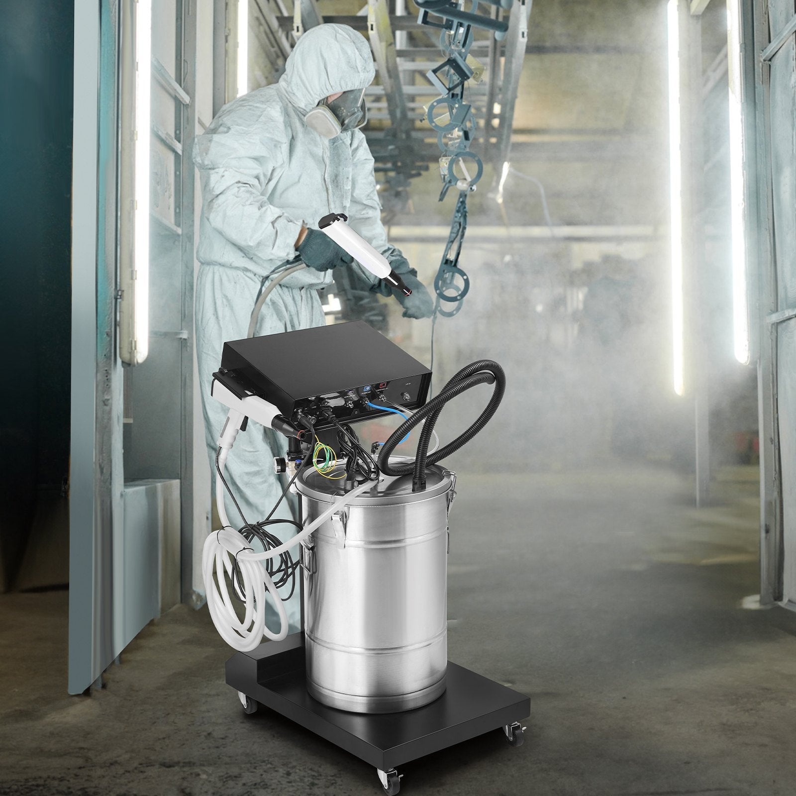 VEVOR Powder Coating System, 50 W 100KV Electrostatic Output Powder Coating Kit with 50L Powder Hopper, 450g Per Minute Powder Coating Machine with Spray Gun and Trolley Base, for Indoor and Outdoor