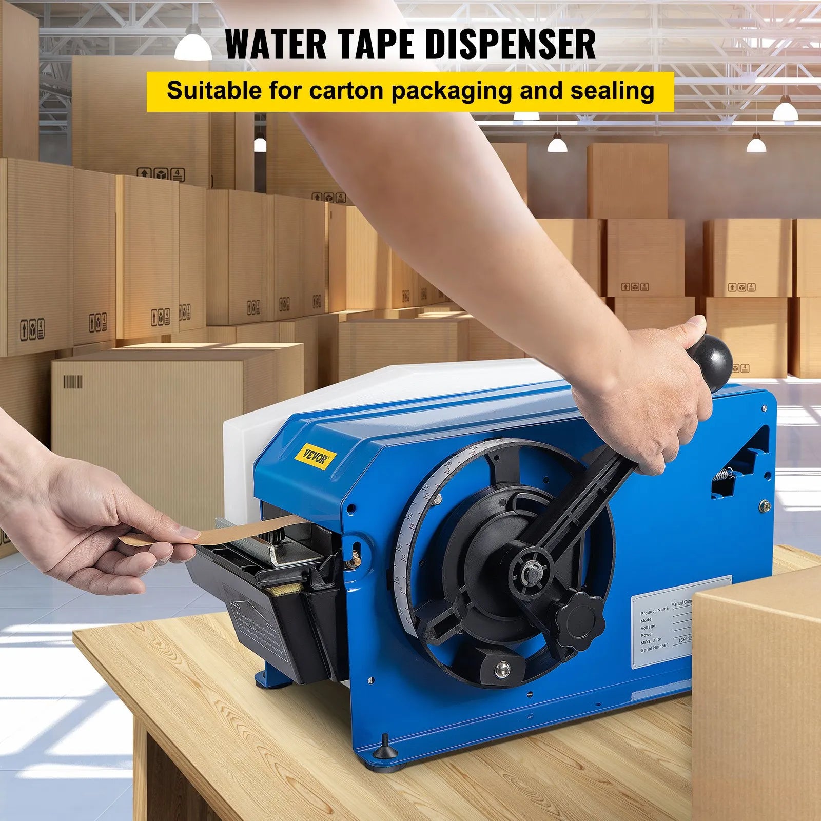 VEVOR Tape Dispenser, Maximum 39.4" x 3.94" Tape, Adjustable Length, Width & Water Level, Manual Water-Activated Tape Dispenser w/ Water Brush, Carton Packaging for Express Box, Gift Box